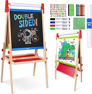 Joyooss Easel for Kids,Toddler Art Easel for Kid Ages 4-8 9-12, Foldable Easel Standing Height Adjustable Double Sided Wooden Kids Easel Magnetic Drawing Whiteboard & Chalkboard