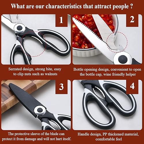 Miniatura 7 de Kyraton Tijeras de cocina resistentes, 2 tijeras de cocina afiladas de acero inoxidable con tapa, multiusos para carne, pollo, hueso, verduras, aves