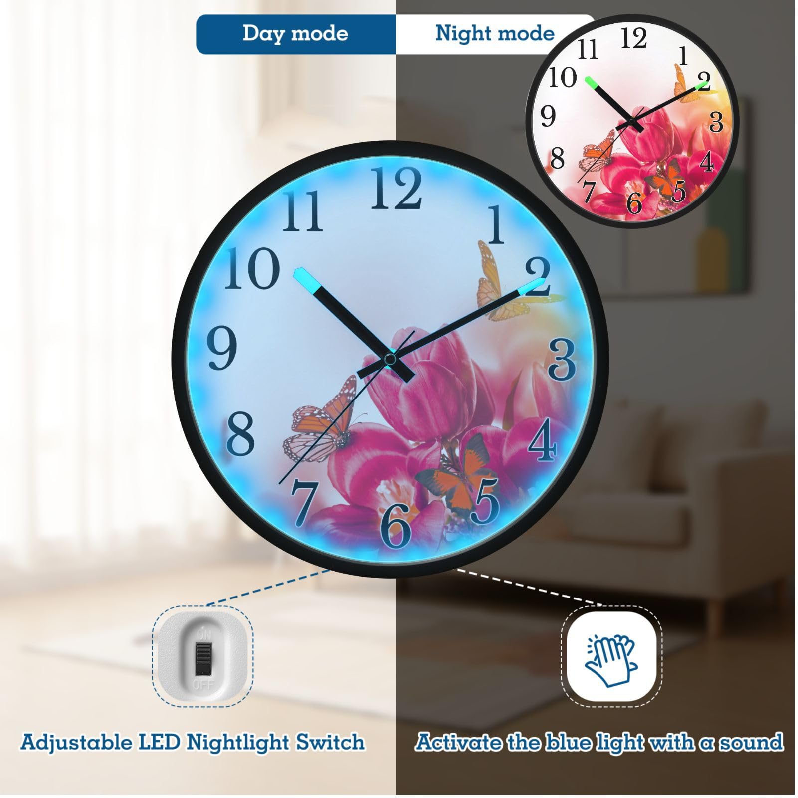 Mnsruu Reloj de pared luminoso con diseño de mariposa roja y rosas, reloj de pared que brilla en la oscuridad, funciona con pilas, reloj de luz nocturna silencioso sin tictac para dormitorio