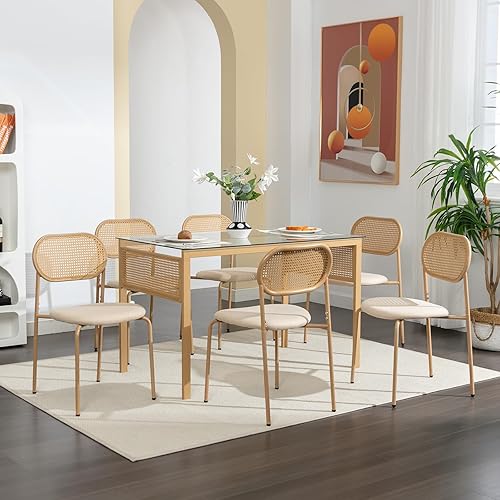 Miniatura 9 de COSVALVE Juego de 4 sillas de comedor boho con respaldo de ratán, asientos tapizados de caña y patas de metal, perfectas para cena, sala de estar o