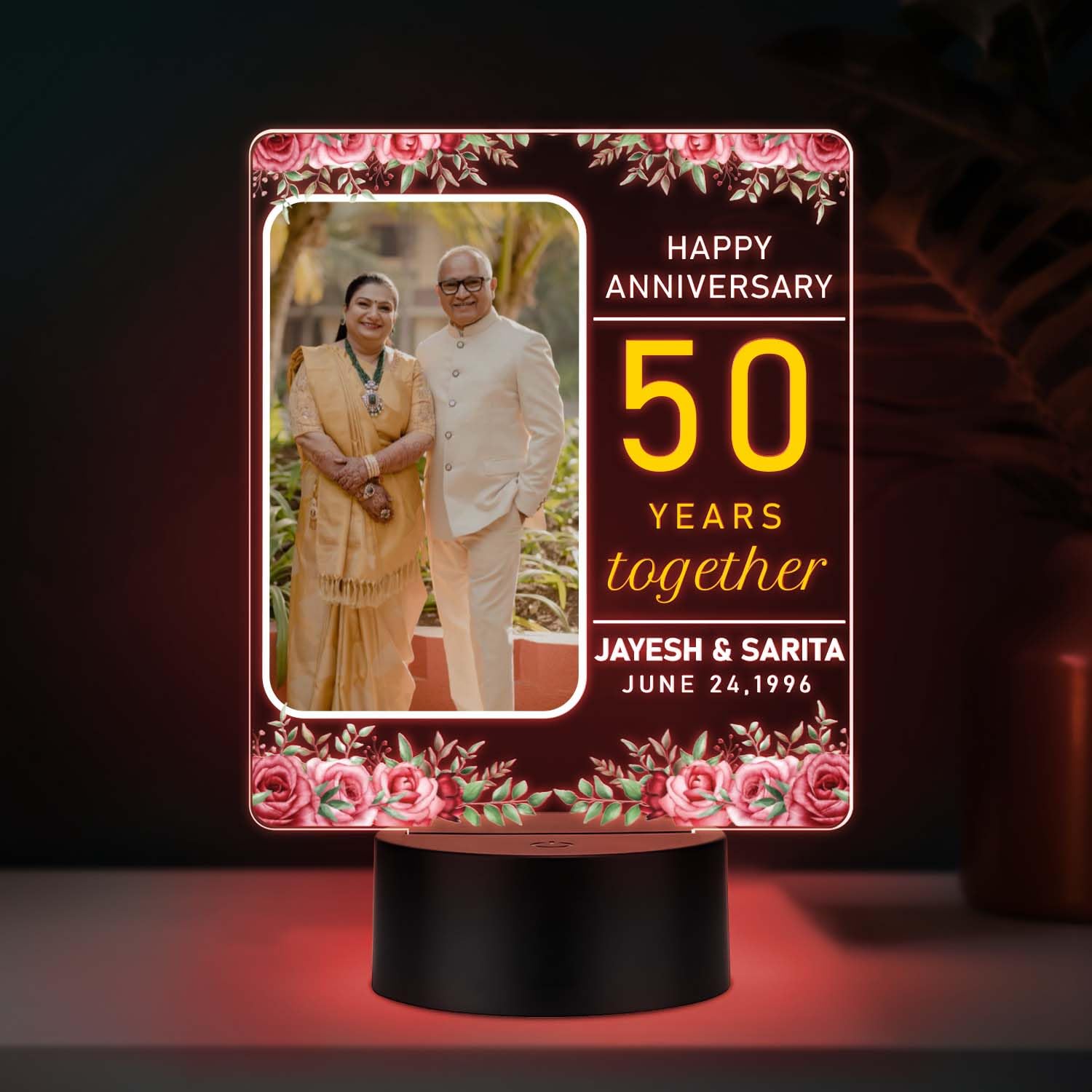 50th Wedding Anniversary Personalized Night Lamp | Golden Jubilee Celebration Gift for Parents, Grandparents | Tabletop Bedroom Decor | Multicolored Light & USB Powered-image-24