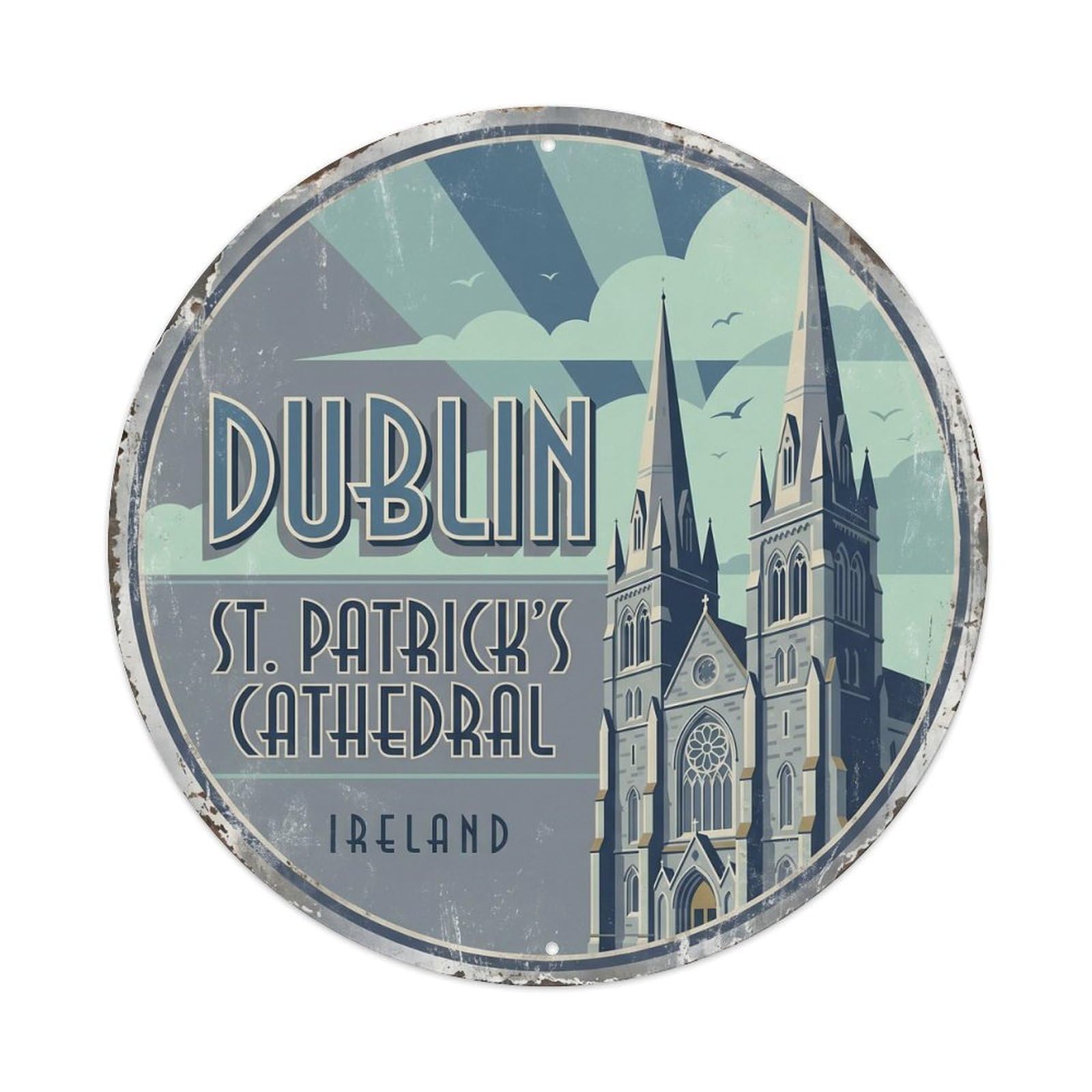 Vintage Travel Dublin Cathedral Ireland Artwork Metal Tin Sign Plaque Wall Decor for Cafe, Club, Garden Round Metal Poster 8x8Inch