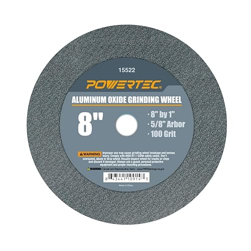 Miniatura 7 de POWERTEC 15505 Disco para afilar óxido de aluminio blanco, 8 pulgadas por 1 pulgada, 58 pulgadas de eje, 120 de arena