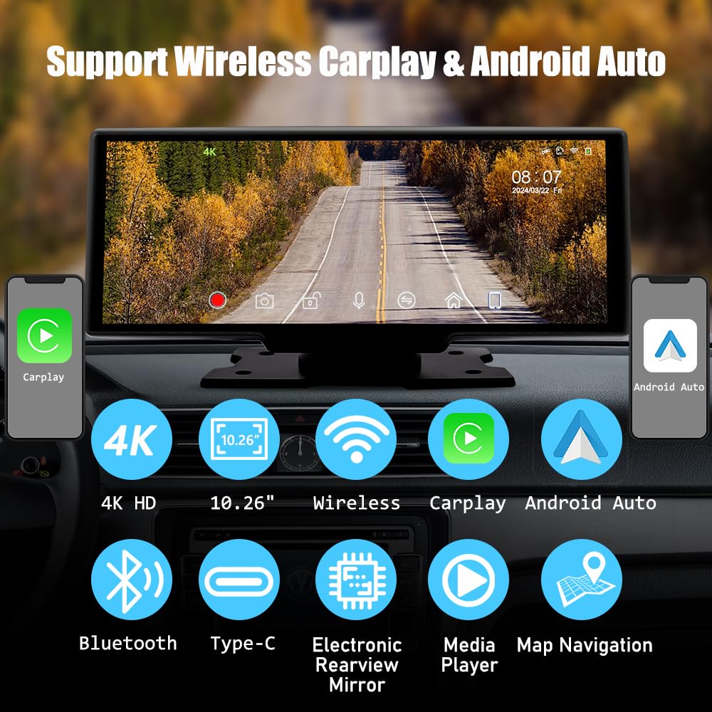 Apple CarPlay & Android Auto przenośne radio samochodowe, Bluetooth z kamerą na deskę rozdzielczą 4K z przodu, ekran dotykowy HD 10,26", rejestrator samochodowy, kamera cofania 1080p, powtarzanie