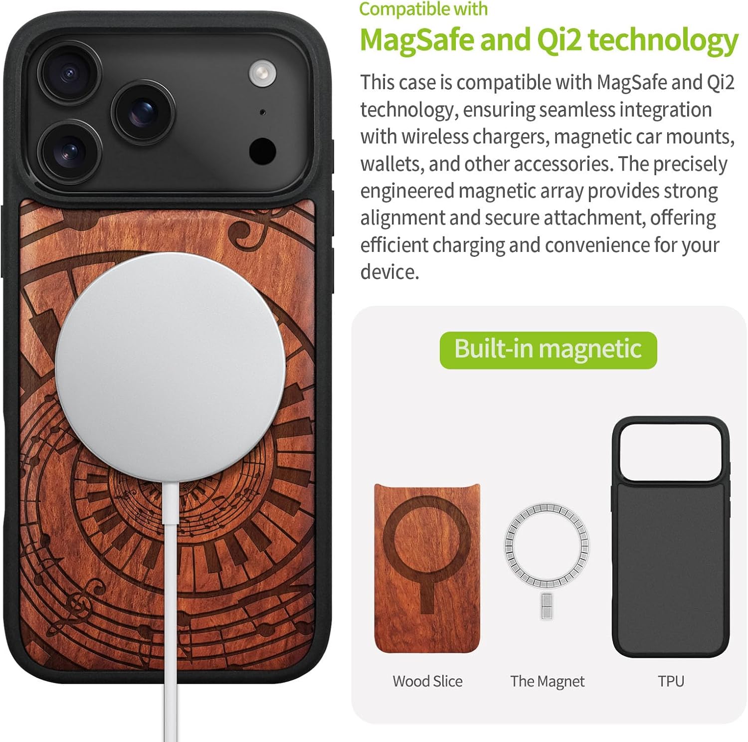 Carveit Magnetic Wooden Case for iPhone 17 Pro Max Case, Wood Artisan Engraved & Black Soft TPU Shockproof Cover, Compatible with MagSafe Wireless Chargers (A Spiral Symphony) Rosy