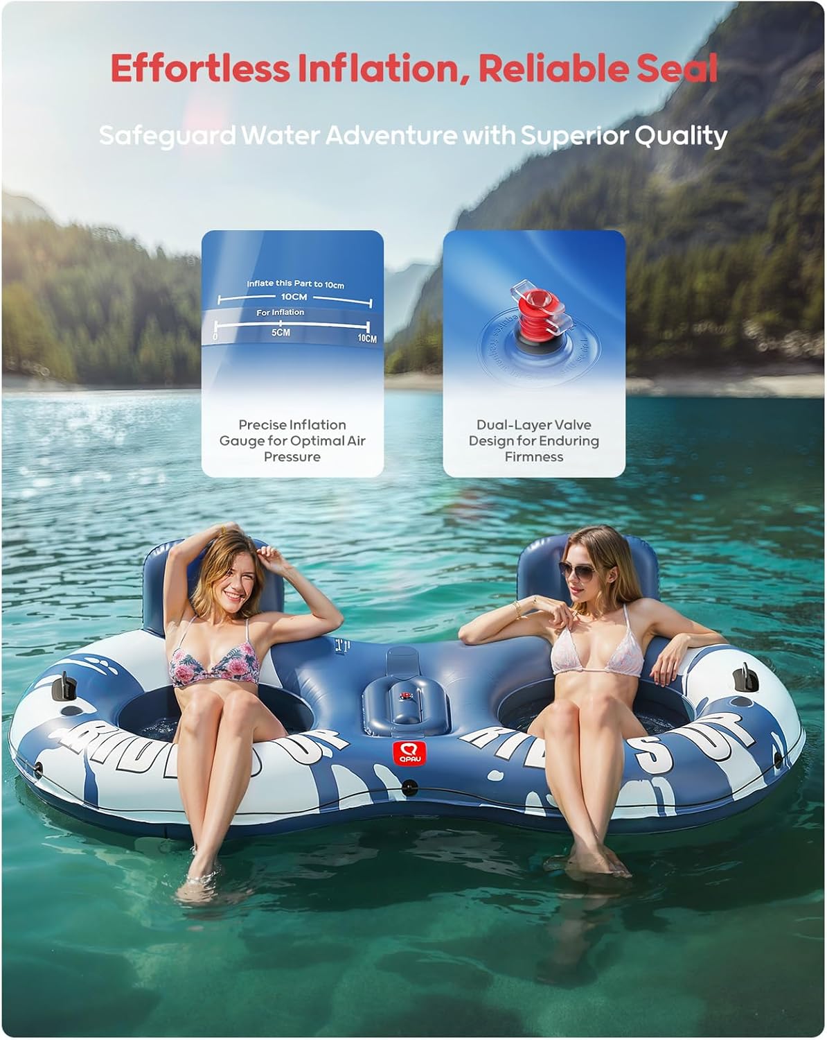 QPAU Inflatable Double River Tube, 2 Person 660lb Capacity, Puncture-Resistant 93" Sturdy Heavy Duty River Float, River Raft with Ergonomic Backrest, Cooler & Cup Holders for Family