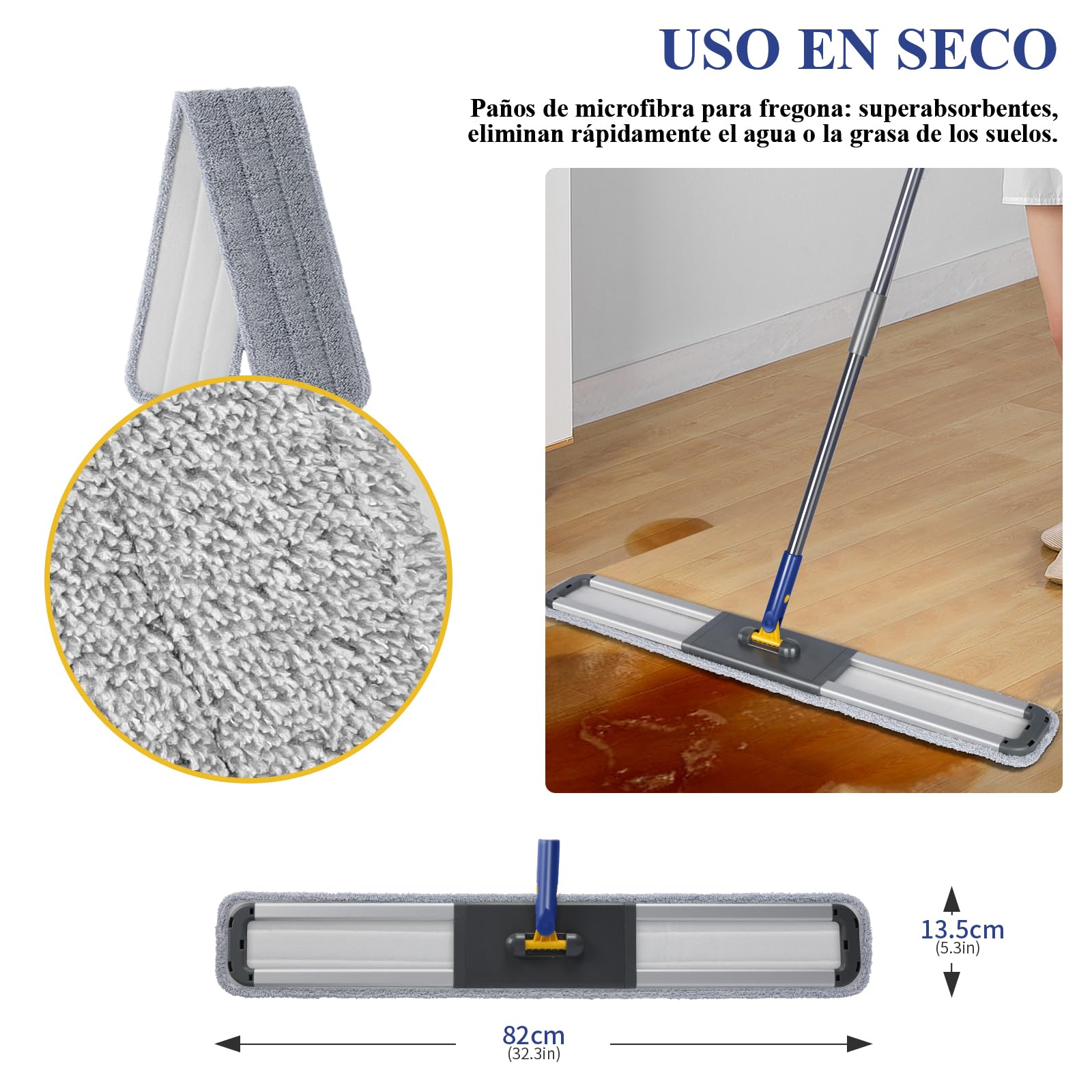 Masthome Juego de Mopa Profesional de 90 CM de Ancho, Fregona Profesional con Mango Alargado, Fregona Plana Industrial Ligera con Cabezal y 3 Almohadillas para Mopa, para Hotel, Centro Comercial