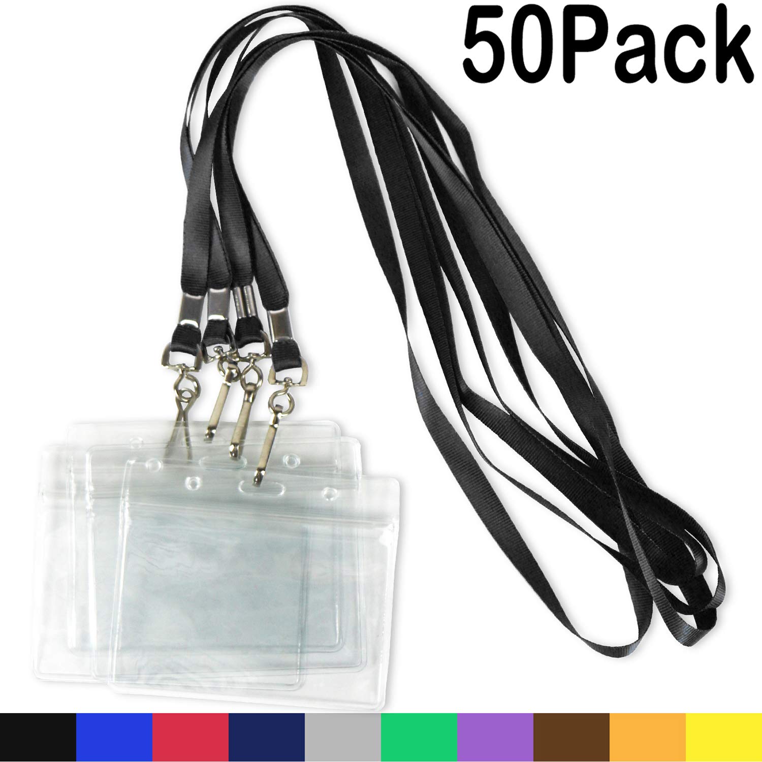 Lanyards with ID Badge Holder Name Tags Card Labels Lanyard String Keys Custom Necklace J Hooks Clip 50Pack Clear Plastic Waterproof Horizontal ID Badge Nametags annd 50 Pack Lanyards