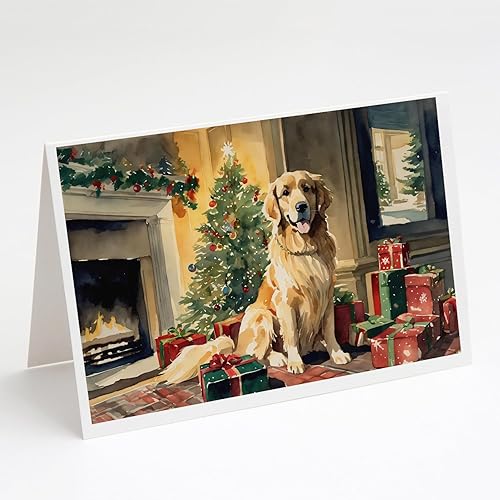 Caroline's Treasures DAC1363GCA7P Golden Retriever - Tarjetas de felicitación navideñas y sobres, paquete de 8 tarjetas en blanco con sobres, tamaño
