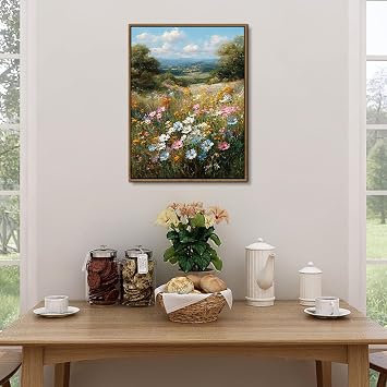 Colorful Daisy Framed Canvas Wall Art Farmhouse Decor Rustic Wildflower Paintings Prints Nature Green Forest Floral Field Wall Pictures Spring Village Scene Posters Artwork Bedroom Decorations 12x16
