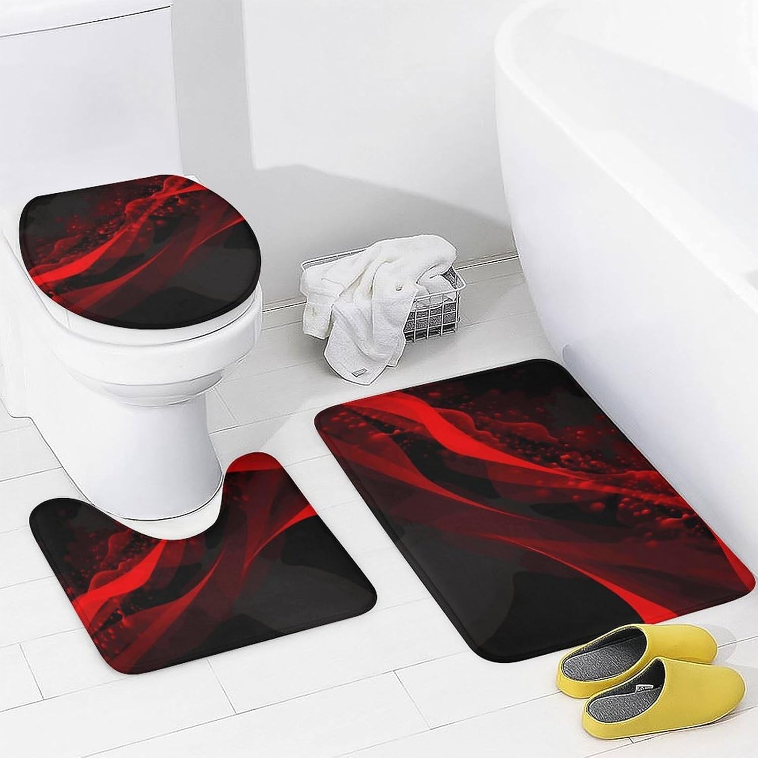 Black and Red Background Shower Curtain Set 4 Piece, Non-Slip Bath Mat with Toilet Lid Cover and Waterproof Shower Curtain with 12 Hooks, Complete Bathroom Set for Home Decor