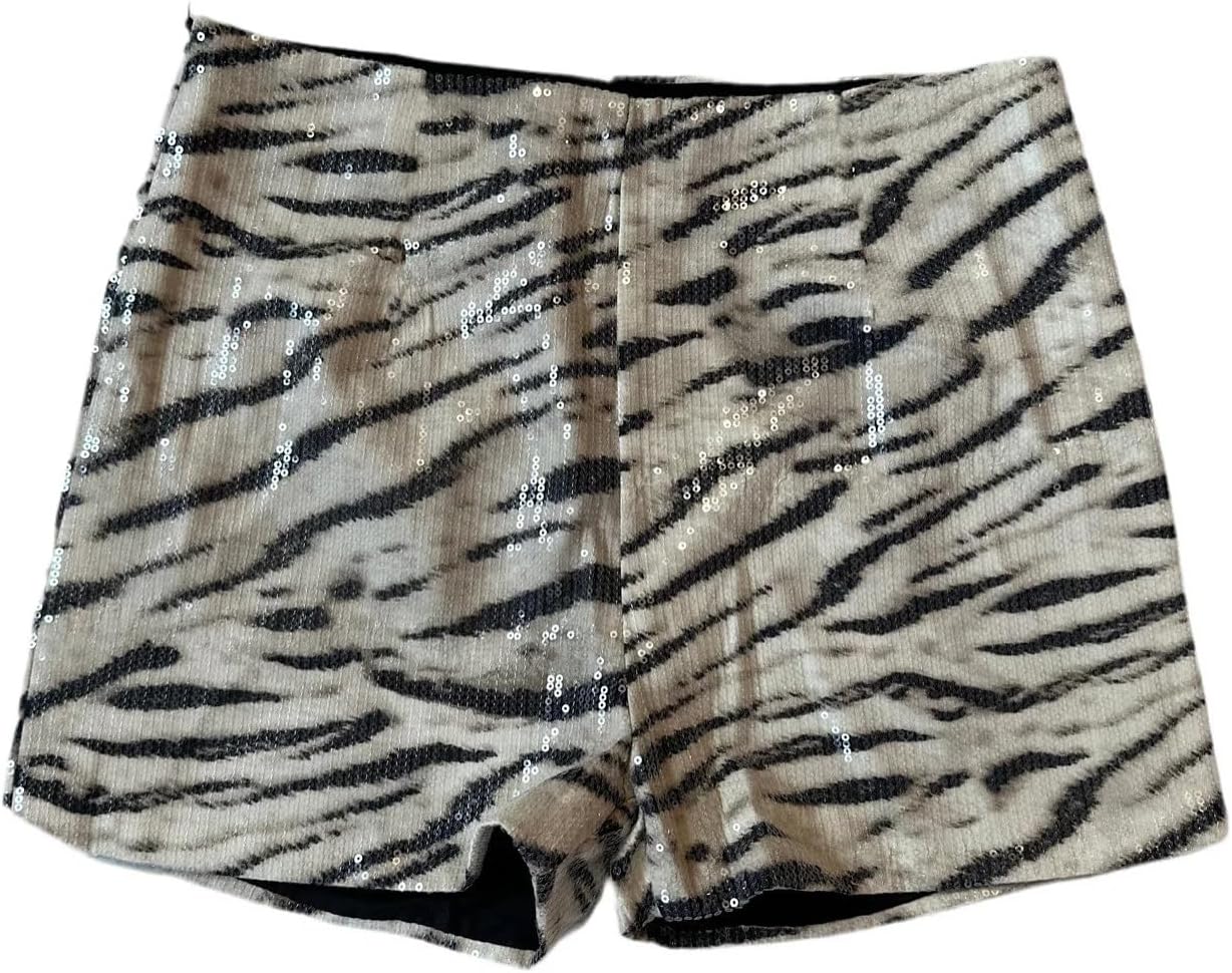 51437PHD Women's Sequin Leopard Print Shorts, High Waisted Animal Print Party Shorts