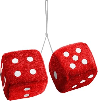 Vagway Red and White Pair Fuzzy Mirror Car Dice - Pair of Red Hanging Dice- Plush Decorative Stylish Vintage Retro Accessory for Car