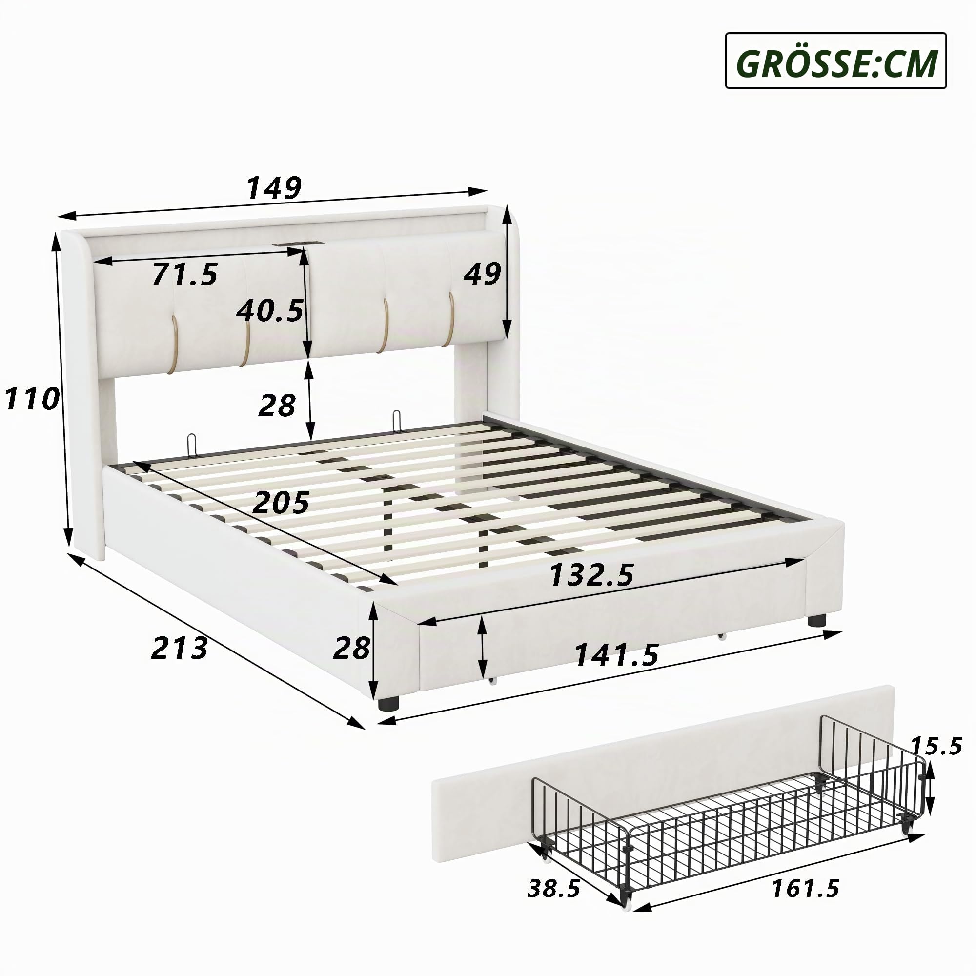 Ravas Polsterbett mit USB Type C Ladefunktion, Stauraumkopfteil und LED-Beleuchtung und Schubladen, Doppelbett 140x200 Große Stauraumbetten Bettgestell mit Lattenrost aus Holzrahmen