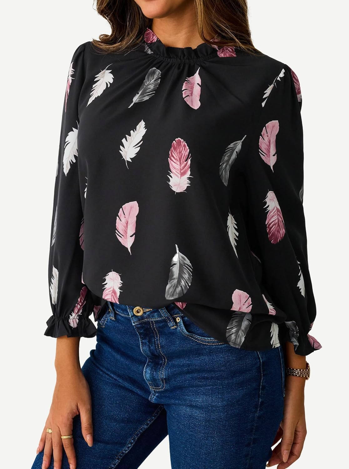 Avanova Women Polka Dot Long Sleeve Blouse Shirts Work Mock Neck Ruffle Top