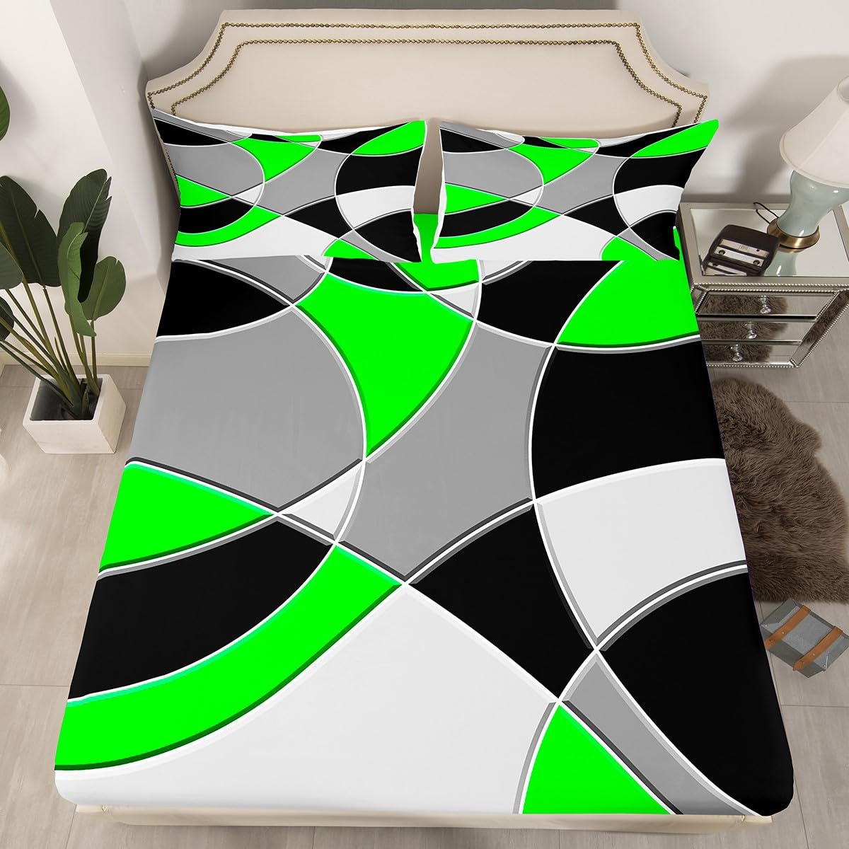 Juego de sábanas circulares retro, color verde, gris y negro para niñas, sábanas geométricas circulares con bolsillo profundo, sábana bajera ajustable de arte abstracto, juego de cama geométrico abst
