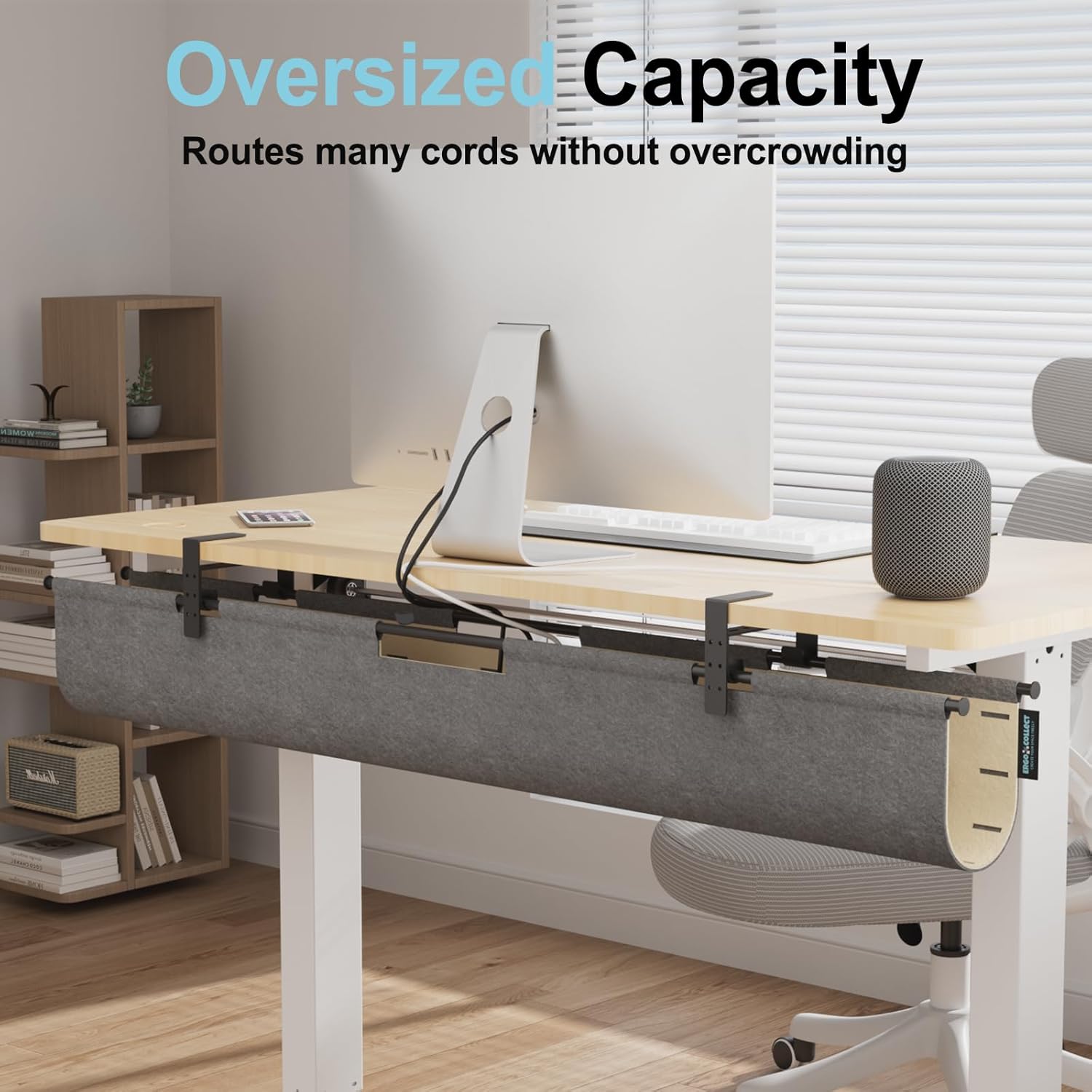 2-in-1 Under Desk Cable Management Tray & Privacy Panel, Dual-Sided Felt Cord Organizer to Hide Wires and Clutter, Desk Mount Cord Holder for Office and Home, Clamp or Screw Mount (Gray/Khaki, 30")