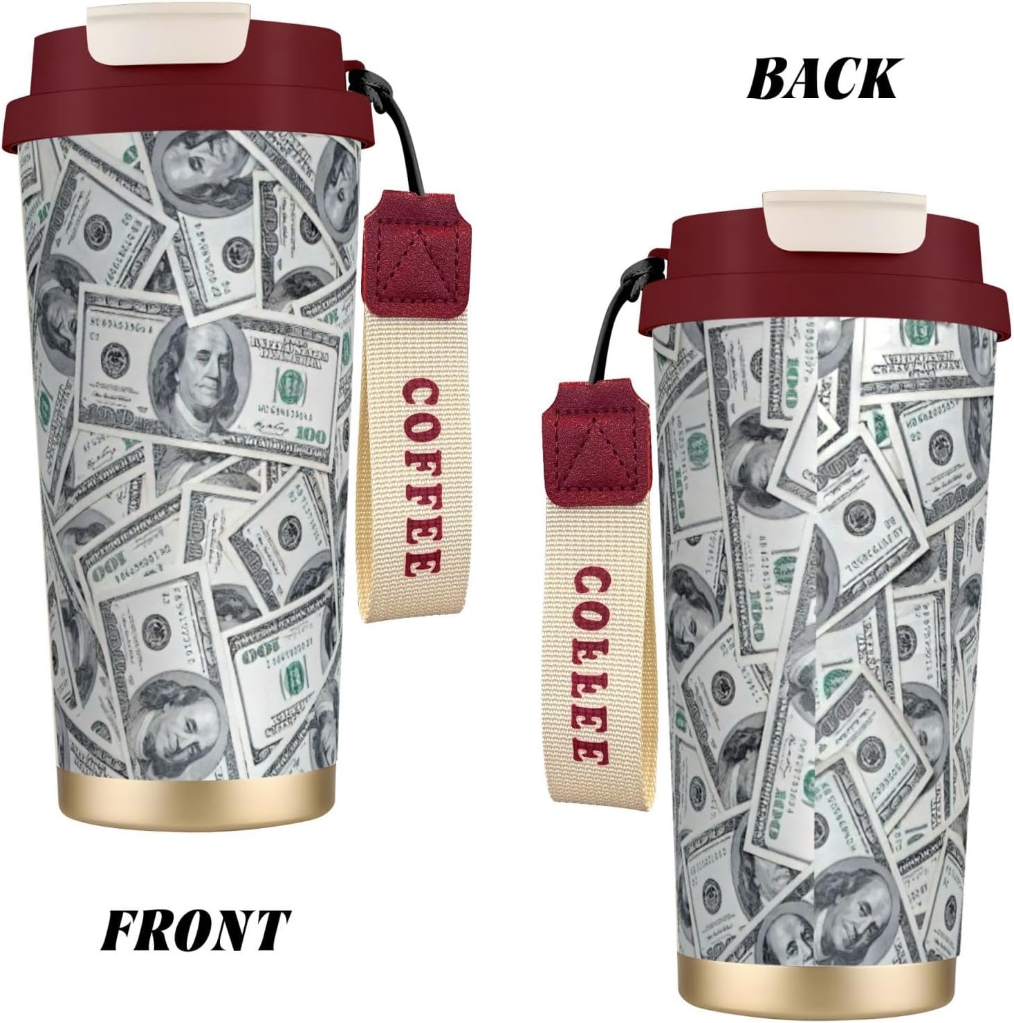 Funny Dollar Money Print Leakproof Insulated Coffee Mug,Stainless Steel Dual Drink Travel Tumbler,17 OZ