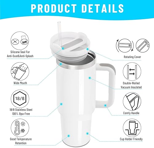 Miniatura 4 de Stanley Dupe - Paquete de 2 vasos de sublimación de 40 onzas con asa y tapa de pajita, vaso de sublimación de 40 onzas con mango extraíble, vaso de
