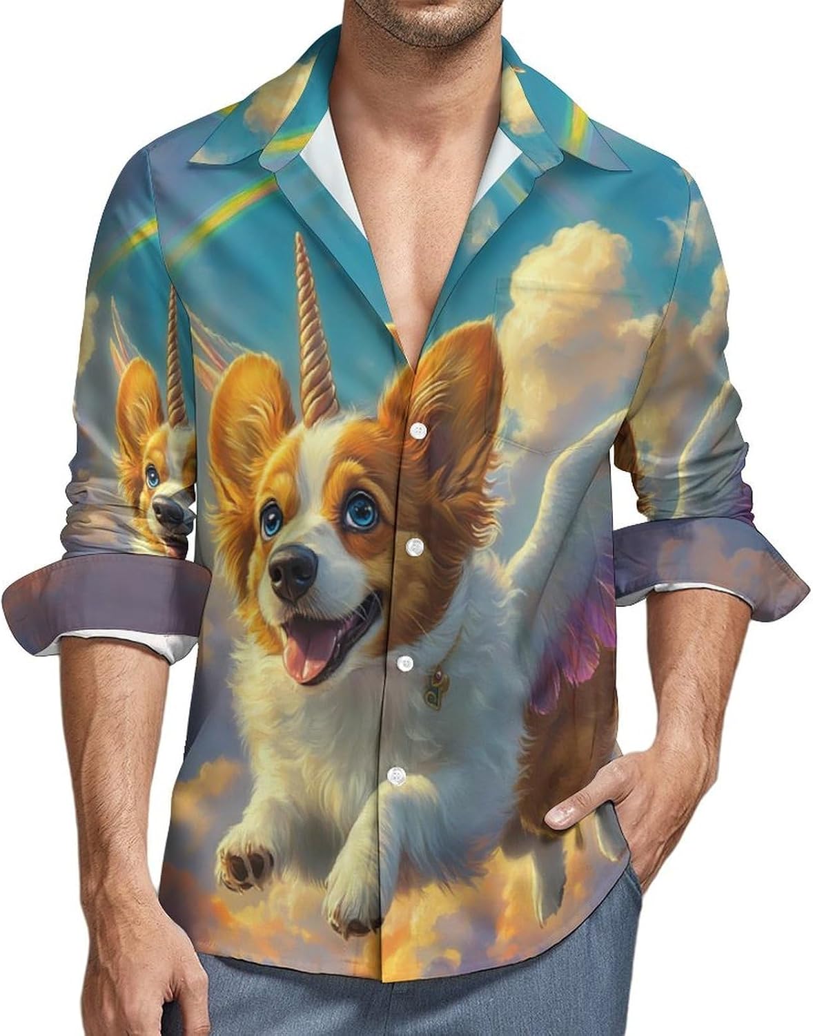 Corgi Angels-Wings Long Sleeve Shirts Casual Dress Shirt Button-down T-shirts for Men