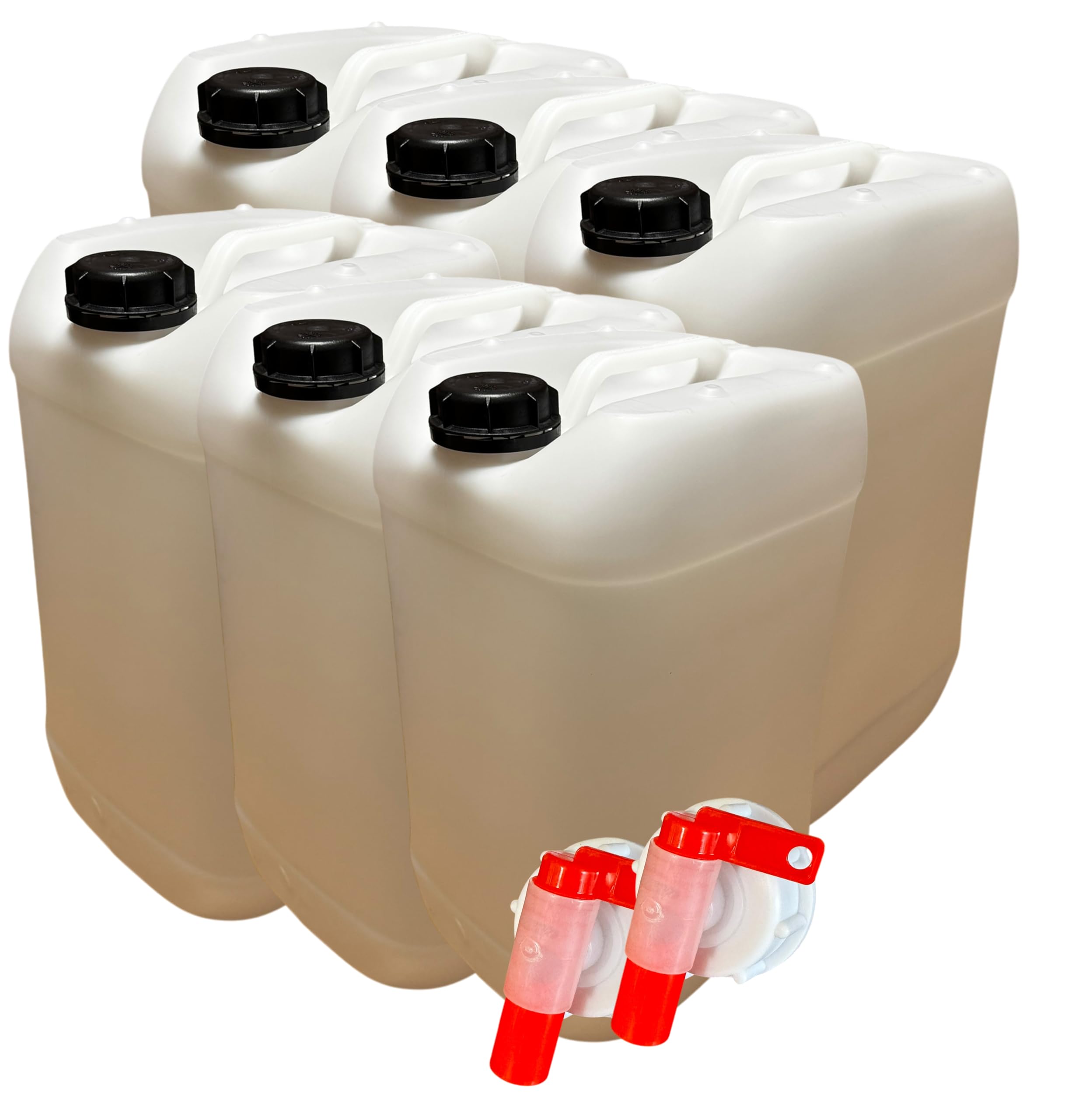 Lot de 6 Bidons Plastique 25 L litres avec Bouchon Hermétique DIN 61 et 2 Robinets Verseurs – PEHD Résistant pour Liquides Alimentaires et Chimiques – Réutilisable et Durable - Jerry can Jerrican