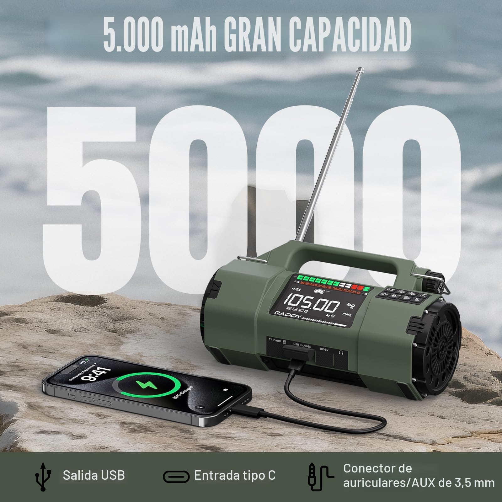 Raddy SH-907 Radio de Emergencia con Control App, manivela, Solar, Receptor Am/FM/SW/VHF con Batería Reemplazable de 5000 mAh, Linterna, SOS, Brújula para Cortes de Energía, Camping y Emergencias