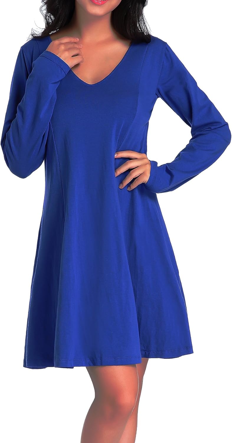 Women’s Black Sleep Dress Long Sleeve Night Dress V Neck Cotton Sleepwear Nightgowns