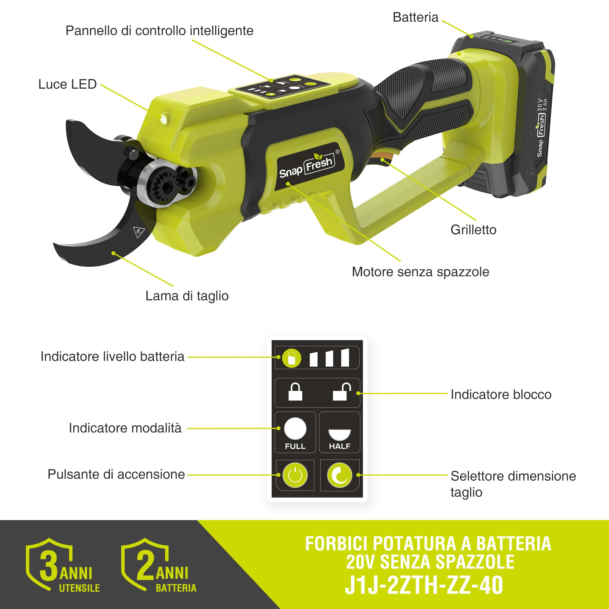 SnapFresh Forbici Potatura a Batteria Brushless, Diametro di Taglio Max 40 mm, Cesoie Elettriche con Batteria 2,0 Ah e Caricatore, Lama SK5 Senza Fili per Rami, Arbusti e Tronchi