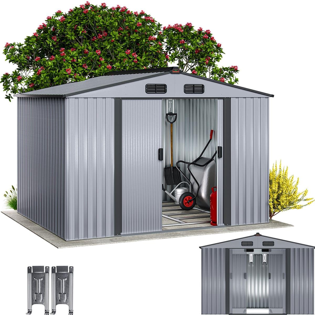 GARDEBRUK® Cobertizo de Jardín XXL Caseta Exterior 5m² con Base 260x205x180cm 9m³ Puerta Corrediza Gris Metálico