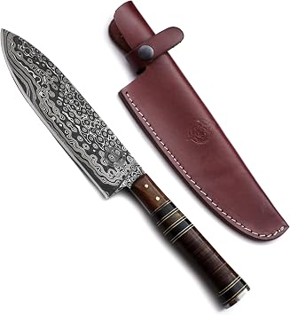 Damascus Steel Chef Knife, Black Micarta & wood, with Cowhide Leather Sheathwith CowHide-Leather Sheath WFD-2570