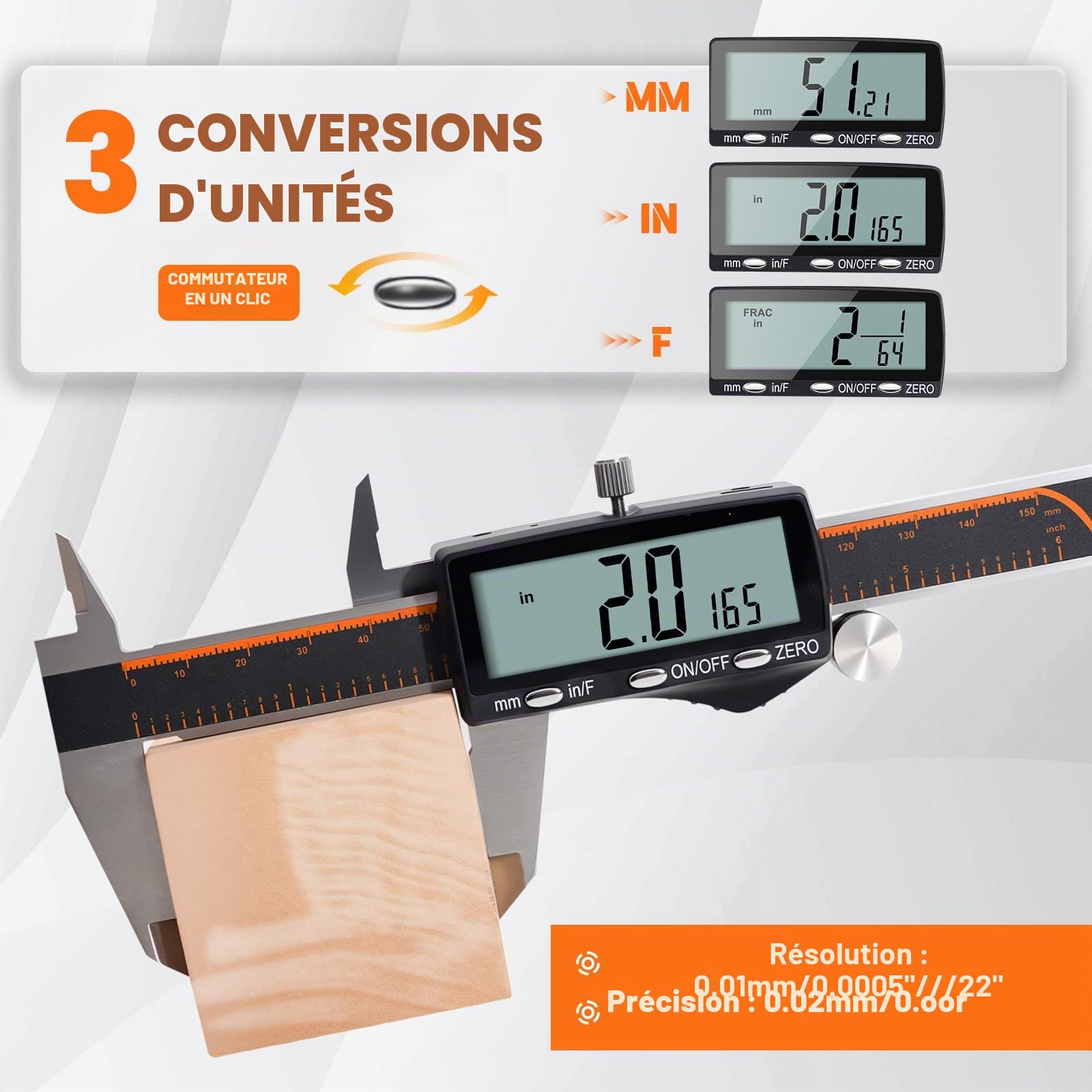 Pied à Coulisse Numérique HARDELL, 150 mm/6" Étanche LCD Rechargeable, Micromètre Acier Inoxydable, Conversion MM/Pouce/Fraction, Arrêt Auto, DIY/Bricolage/Maison/3D