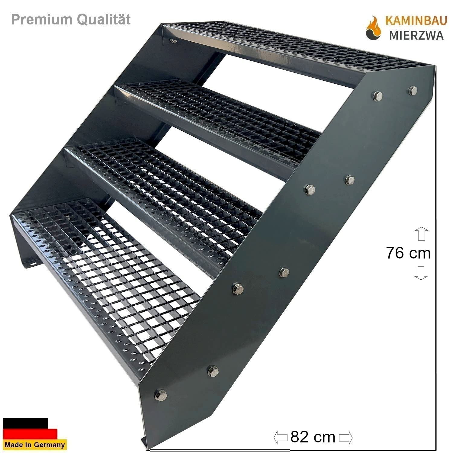 Premium Caillebotis acier Escalier à limon 4 Marches Entièrement galvanisé et Anthracite Revêtu par poudre - Dimensions (L x l x H) 82cm x 80cm x 76cm