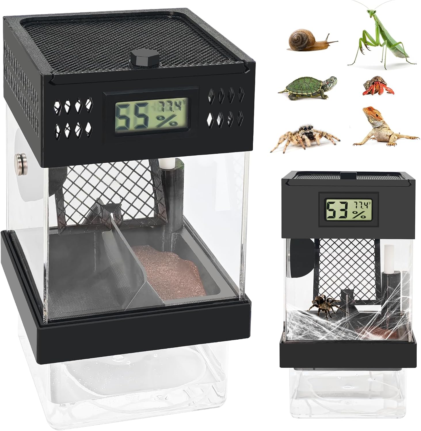 Pre-Assembled Jumping Spider Enclosure,Spider Enclosure with Thermometer and Self-Humidifying Device,Insect Terrarium with All-Side Ventilation, Praying Mantis Habitat,Includes a Hideout.