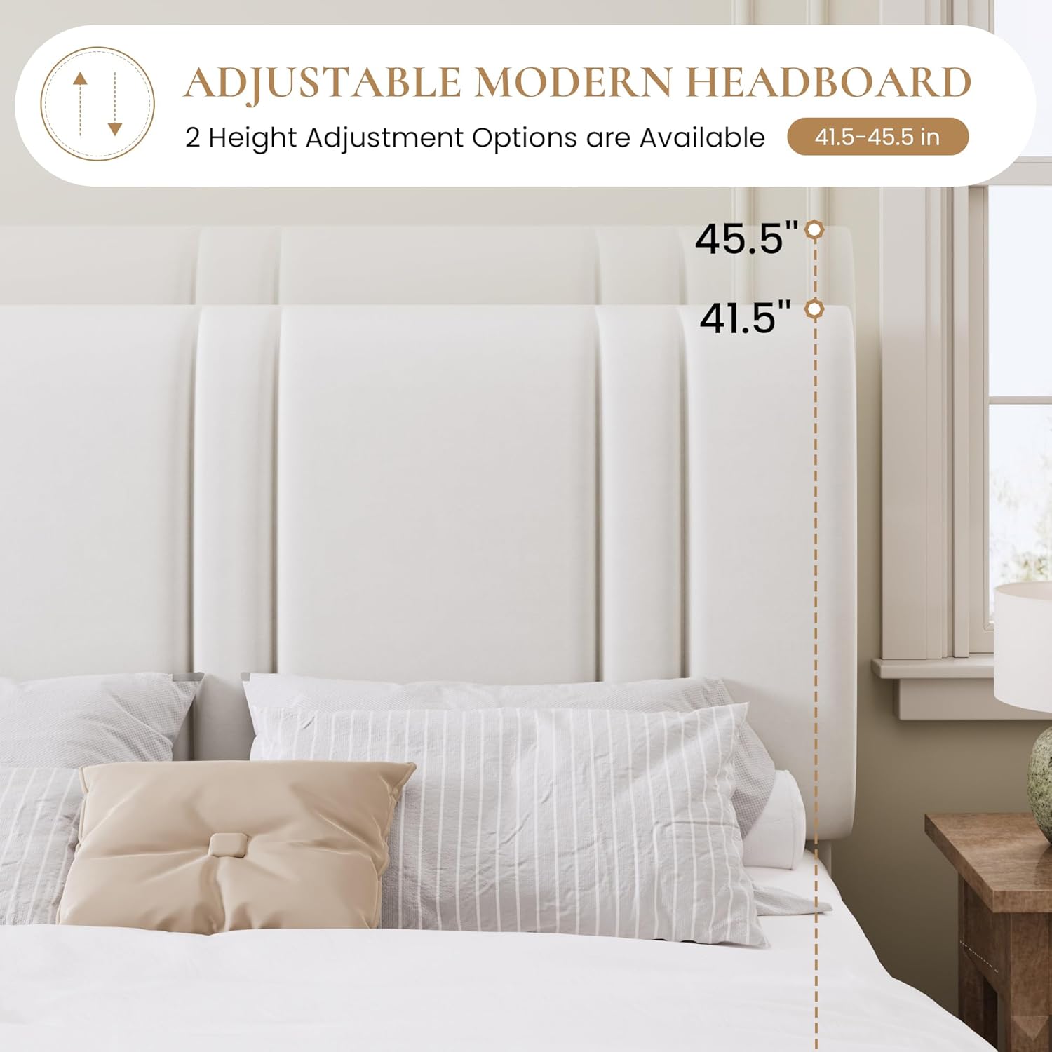 SHA CERLIN Queen Size Platform Bed Frame, Velvet Upholstered Bed with Adjustable Headboard, Vertical Channel Tufted Design, Sturdy Wood Slat Support, No Box Spring Needed, Easy Assembly, White