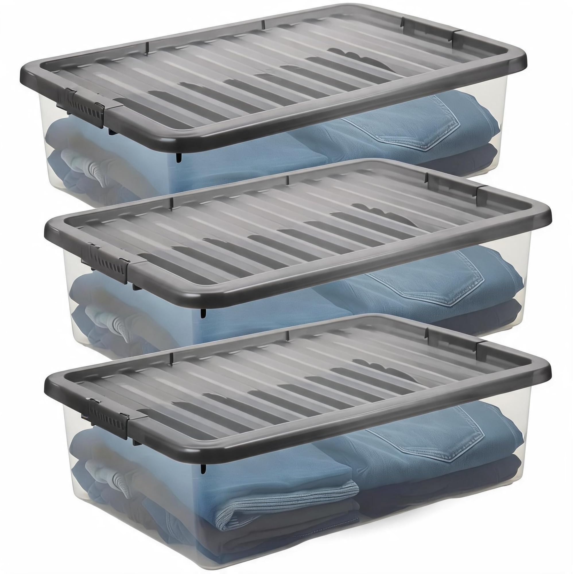 3x 32L Clear Underbed Storage Box with Grey Clip-On Lid β Slim Plastic Storage Container, Space-Saving Multipurpose Stackable & Nestable Organisers for Clothes, Bedding, Shoes, Toys & Household Items