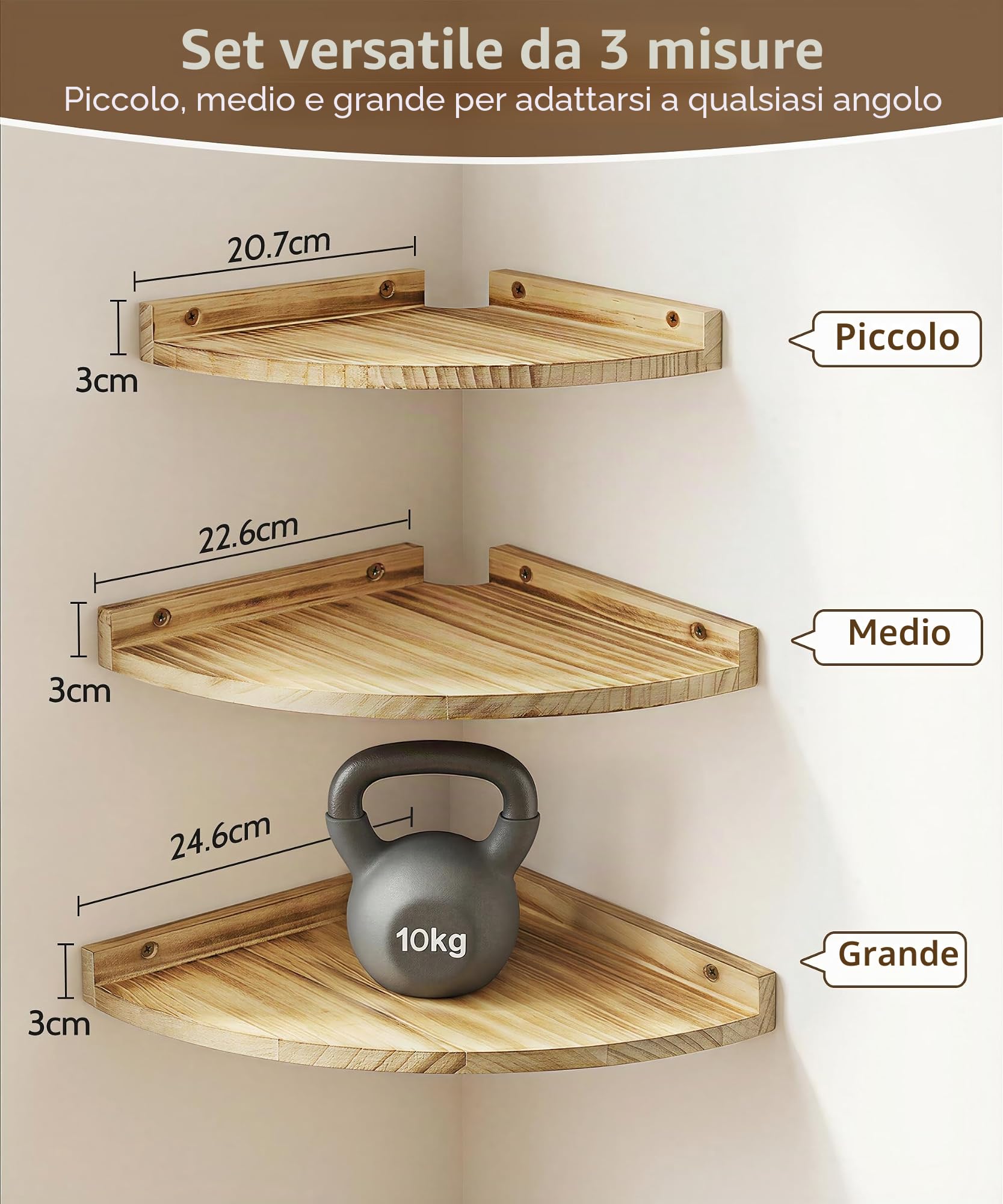 Scaffale angolare da parete in legno, set da 3 scaffali galleggianti, stile vintage, rustico, per la parete, libreria, con estremità rotonda, per bagno, cucina, camera da letto, soggiorno