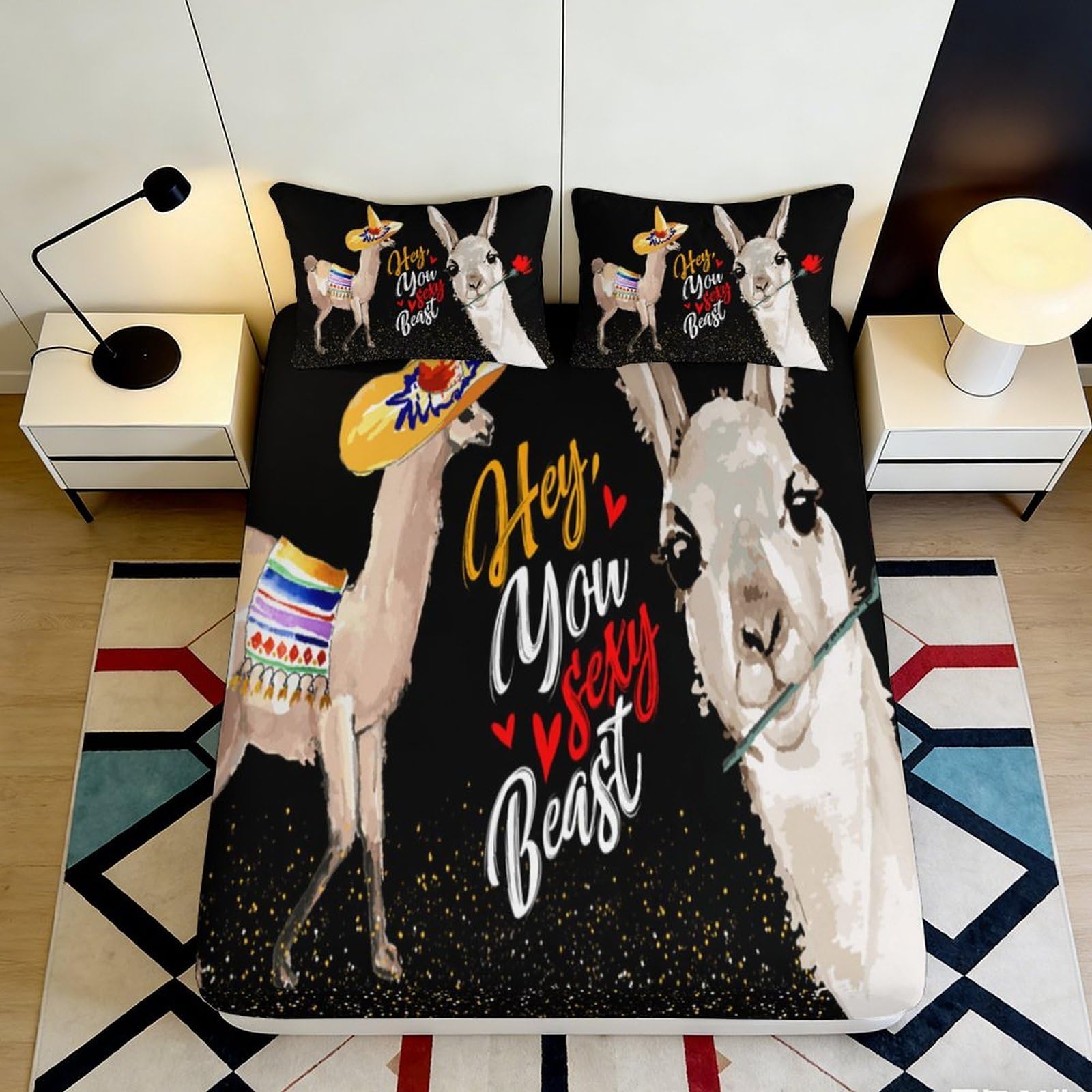 3D Printed Llama Fiesta Fitted Sheet Microfiber Soft Anti-Slip Cartoon Alpaca Bed Cover for Bedroom Guest Room Decor 90x200x25cm