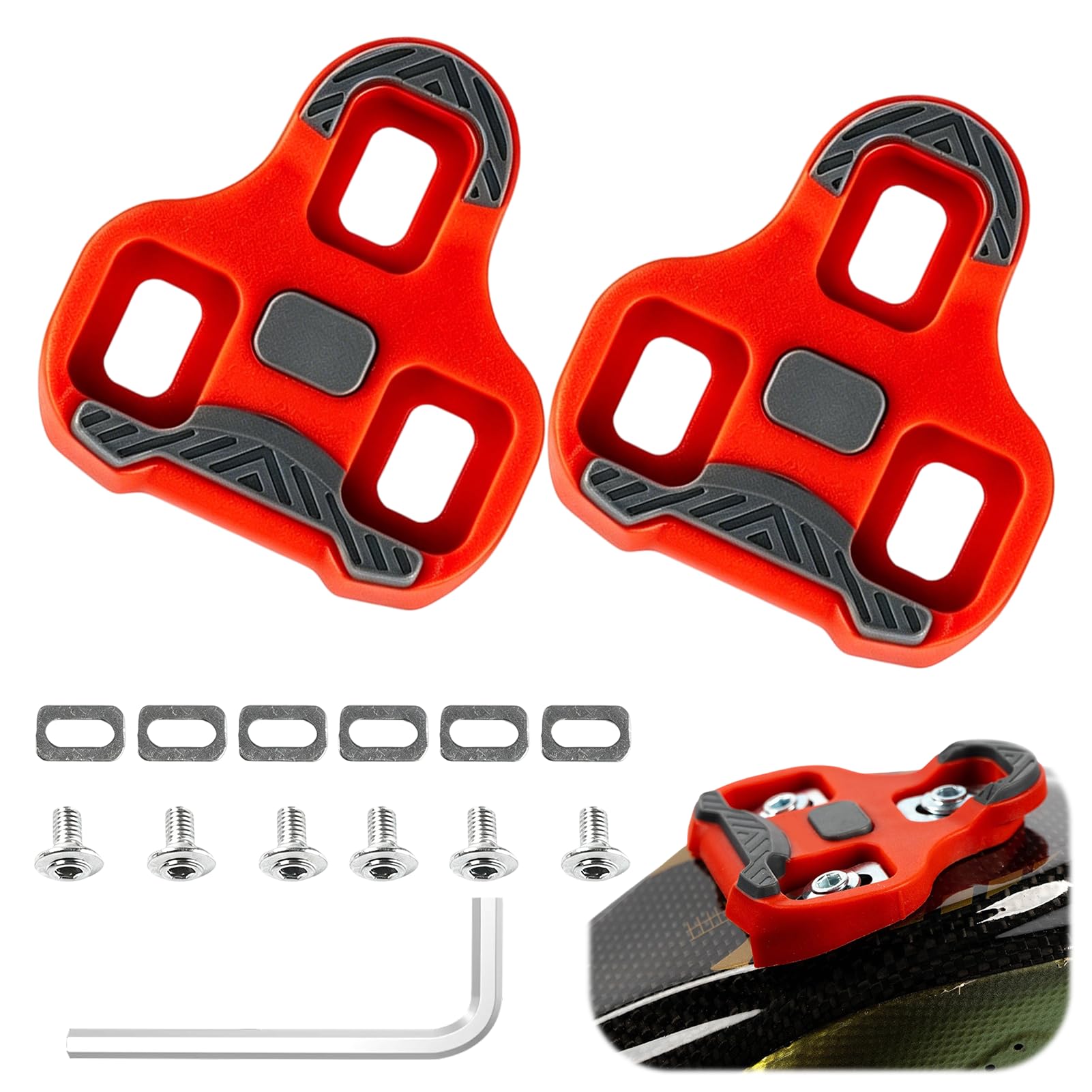 Red Bike Pedal Cleats Compatible with Look Keo and Cycling Shoes, with 9° Float, Anti-Slip TPU Material, Includes 2 Red Cleats, 6 Silver Screws and Washers, 1 Silver Wrench