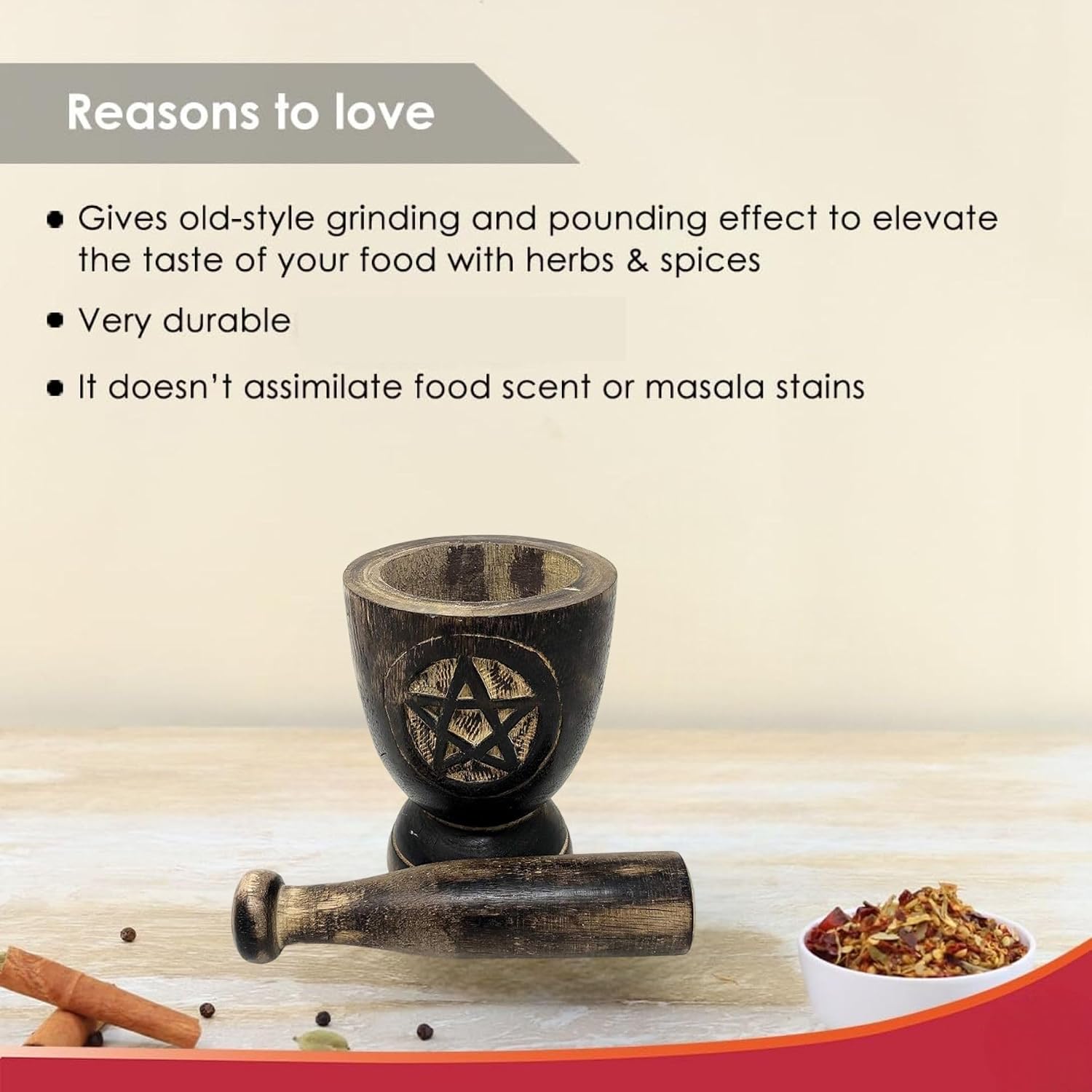 vrinda® wooden Mortar and Pestle - 5 inch x 3 inch (Pentacle)