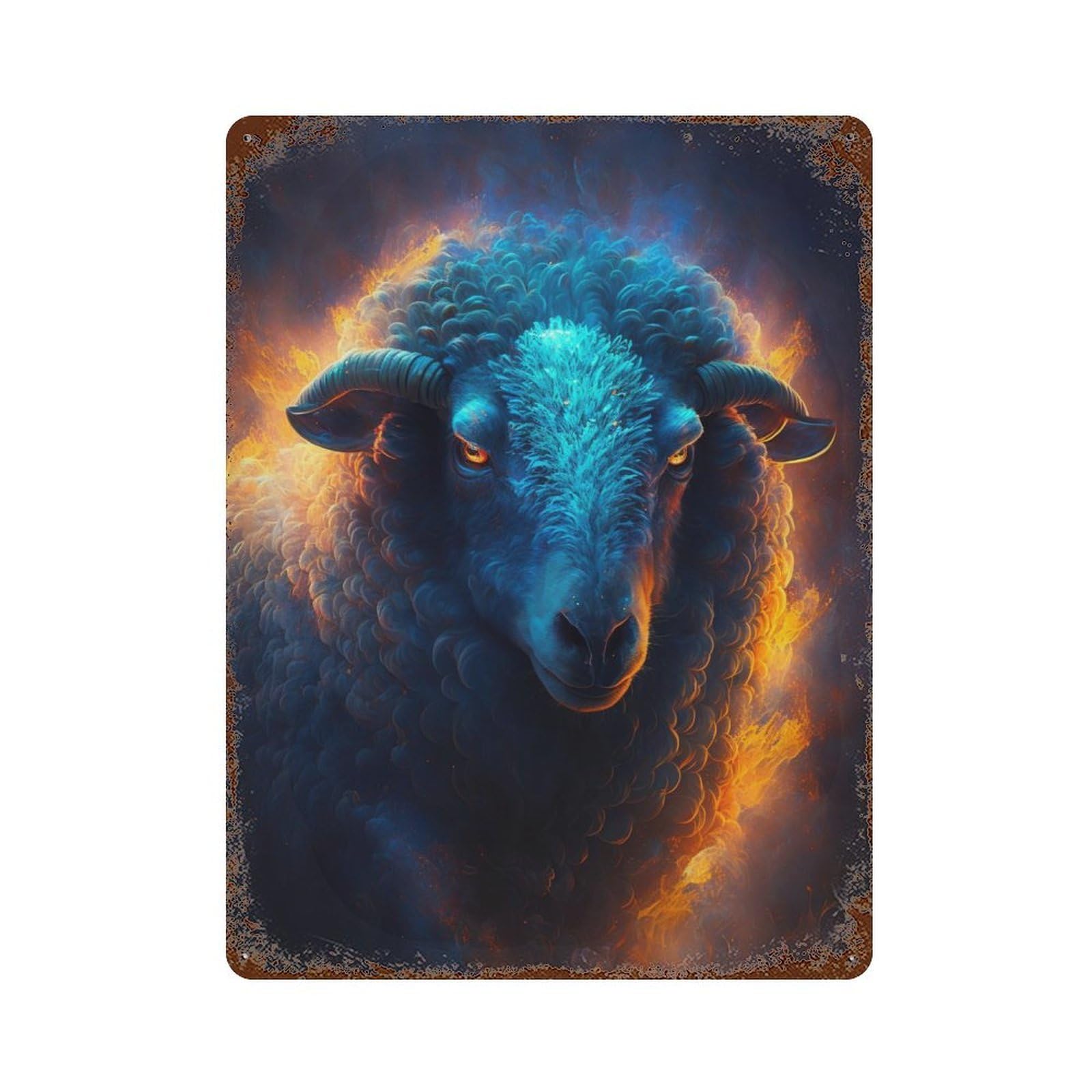 Garage Style Blue Sheep with Fiery Mane Distressed Metal Wall Sign 15.7"x11.8", Retro Wall Decor for Bar And Workshop