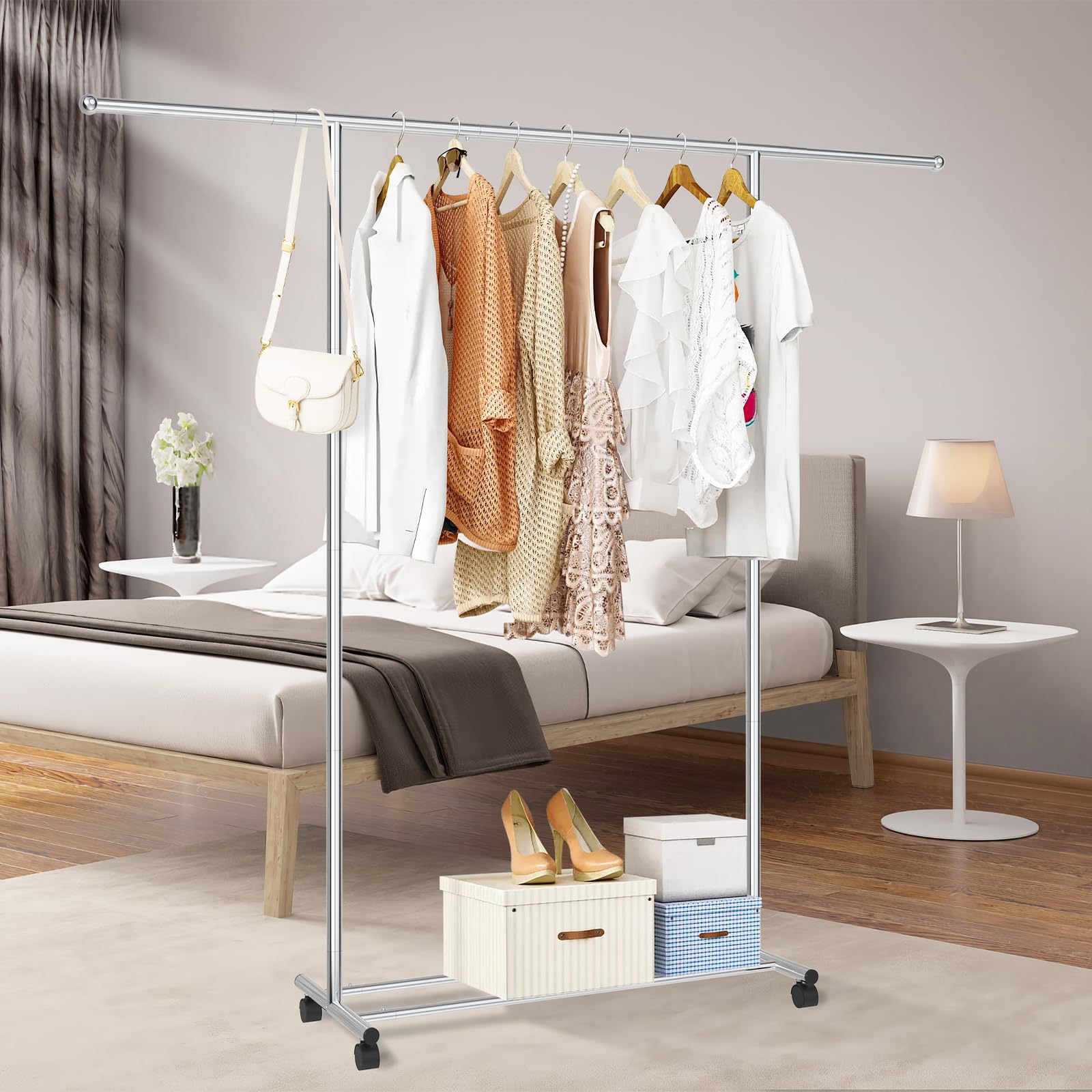 SAN LIKE Burro Ropa, Perchero de Ropa con Ruedas, perchero de metal con ruedas, barra para ropa estable con extensible, perchero para dormitorio