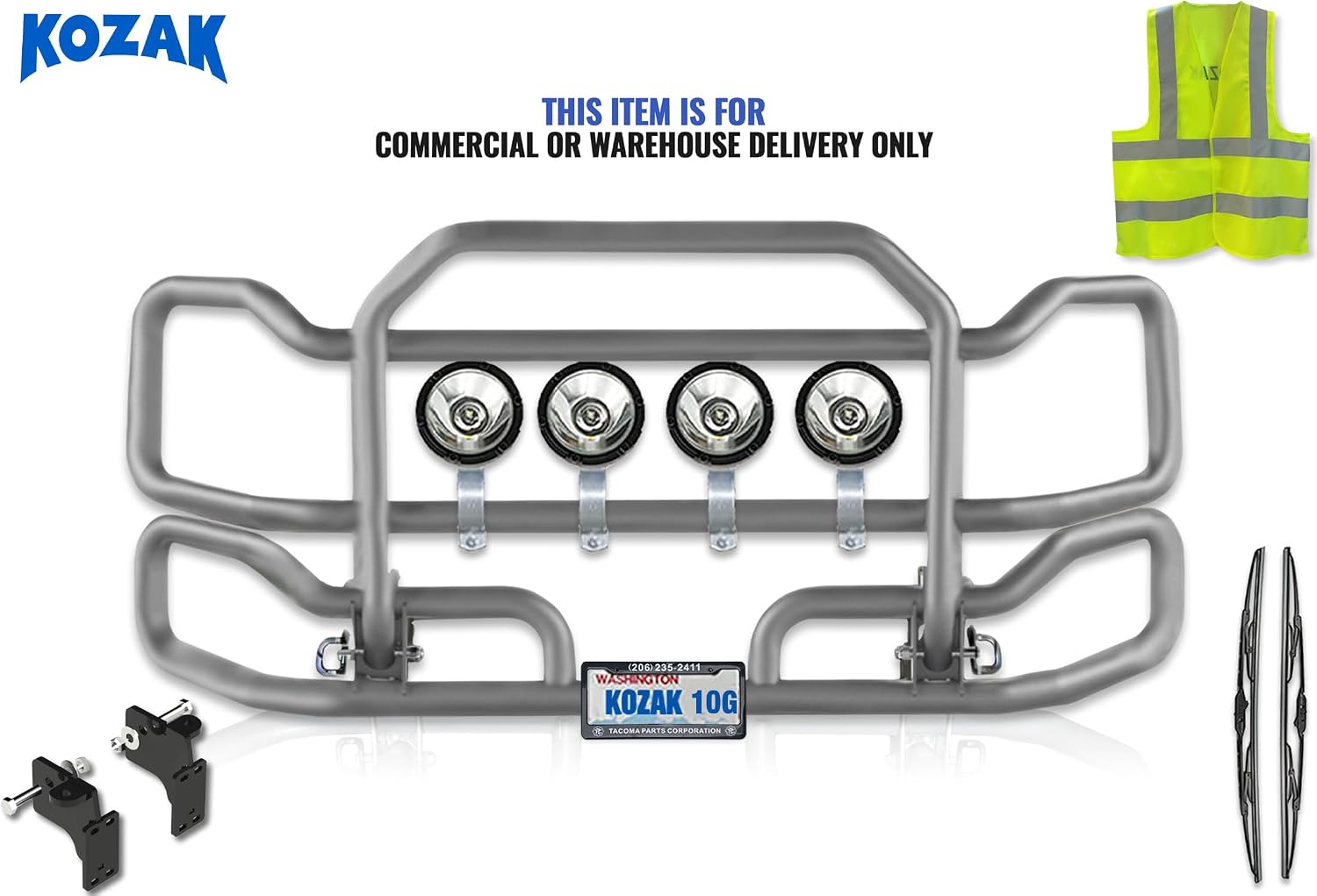 Front Gray Grille Deer Brush Bumper Guard Large Compatible with Mack CX 2004-2017 PLUS Bracket, 4x 6" Round LED Headlights, Wipers, License Plate Holder and Frame, Vest