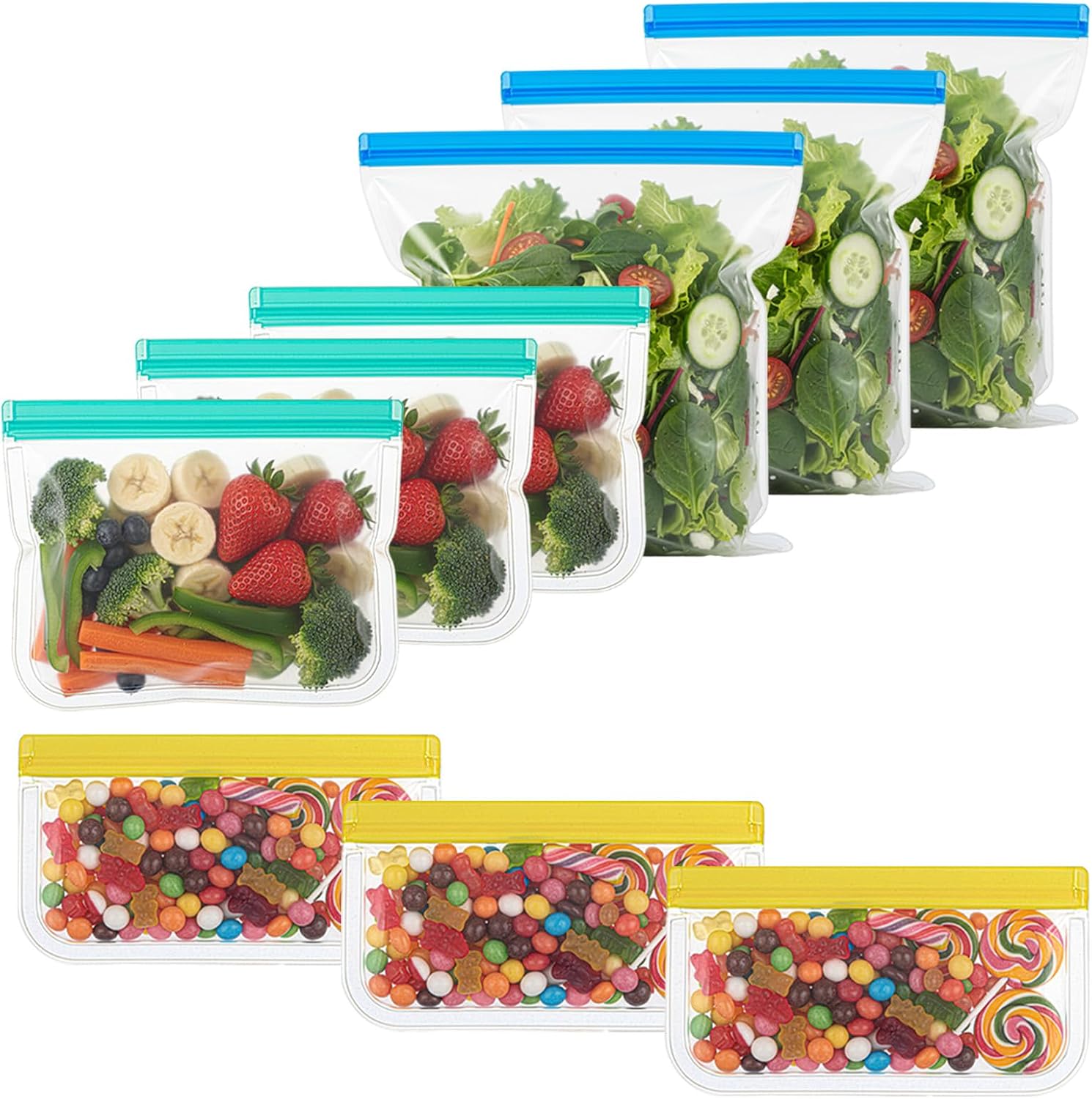 32 Pack Reusable Storage Bags, 3 Sizes Leakproof Food Bags, Dishwasher Safe BPA-Free Sandwich Snack Gallon Bag for Milk Bread Fruit Vegetable Meat Cookie, 3 Colors