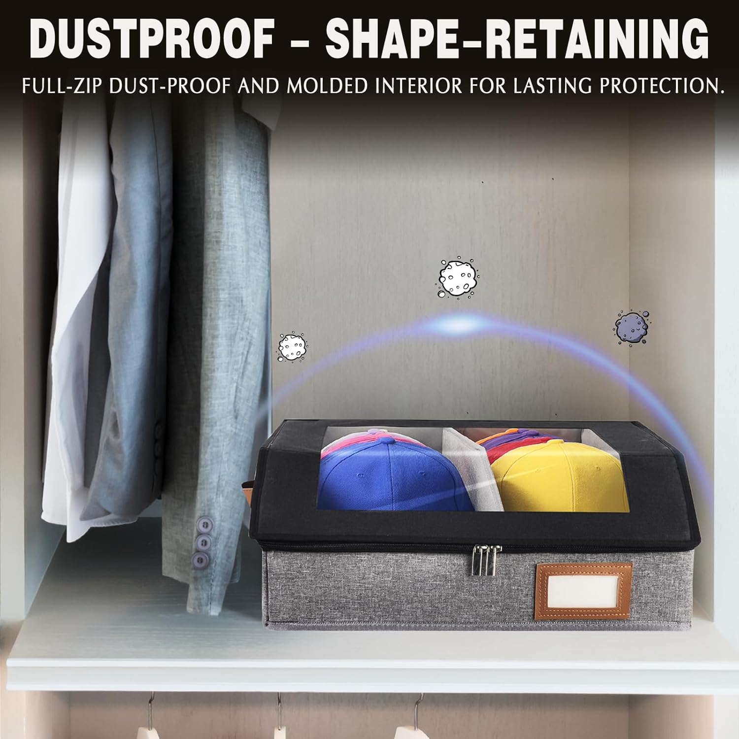 2-in-1 Hat Organizer for Baseball Caps Holds 96-120 Caps Hat Storage with Adjustable Divider Stackable Hats Holder for Closet with Clear lid Cowboy Hat Box for Men Women 4 PCS Black and Grey