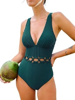 Women Swimsuit One Piece Deep V Neck Ribbed Texture Cutout Front Bathing Suit with Adjustable Wide Straps