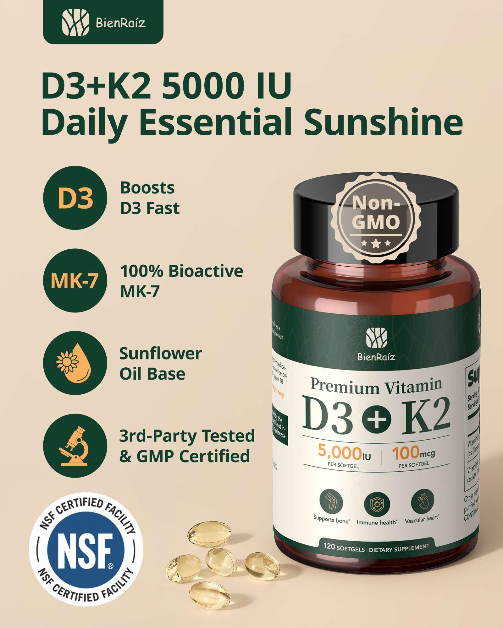 BienRaíz Vitamin D3 K2 5000IU, All-Trans MK-7 100mcg, 120 Softgels — Amazon image 4