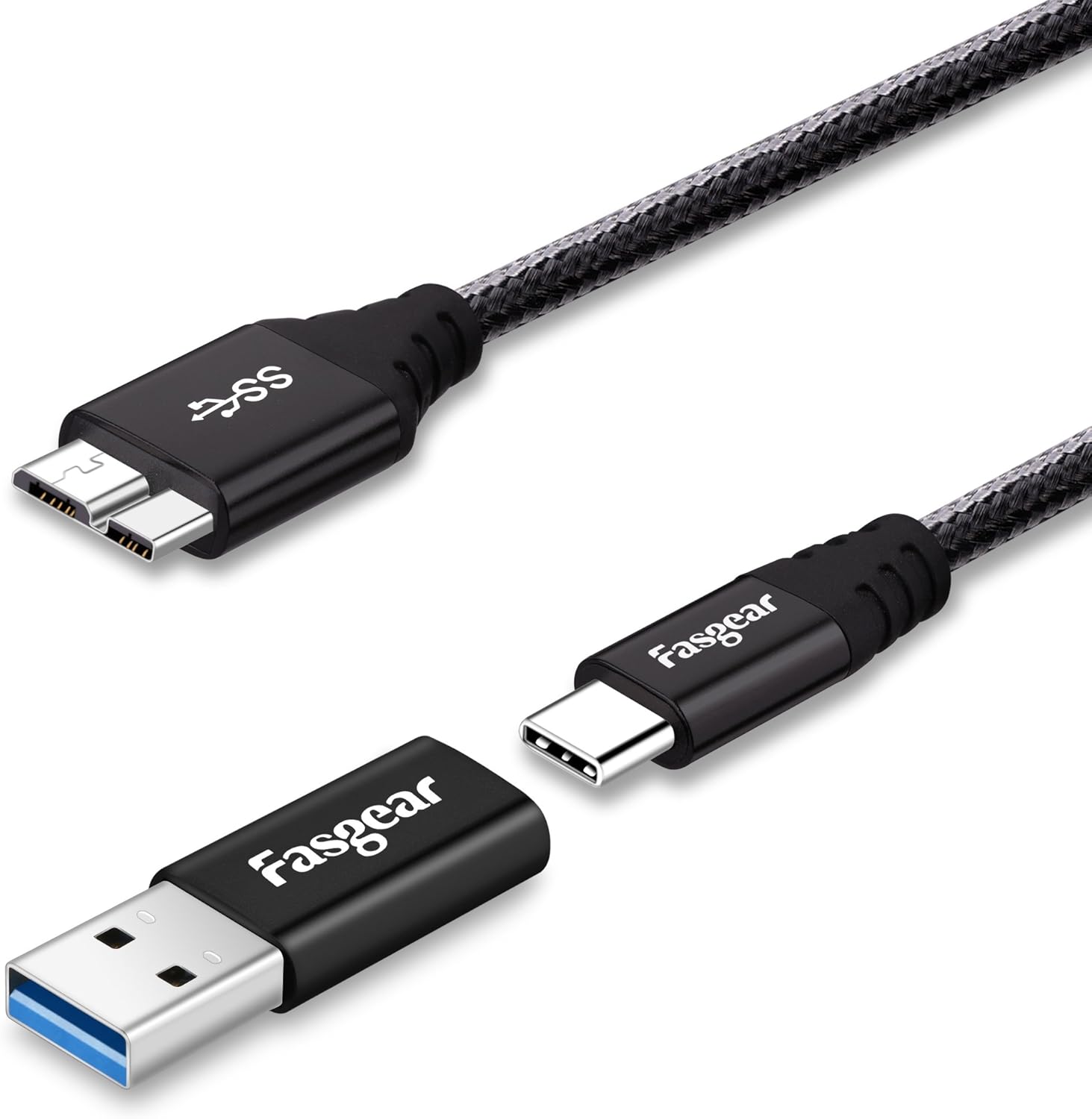 Fasgear [1ft] Micro B to USB Cord, Divided into USB 3.0 to Type C