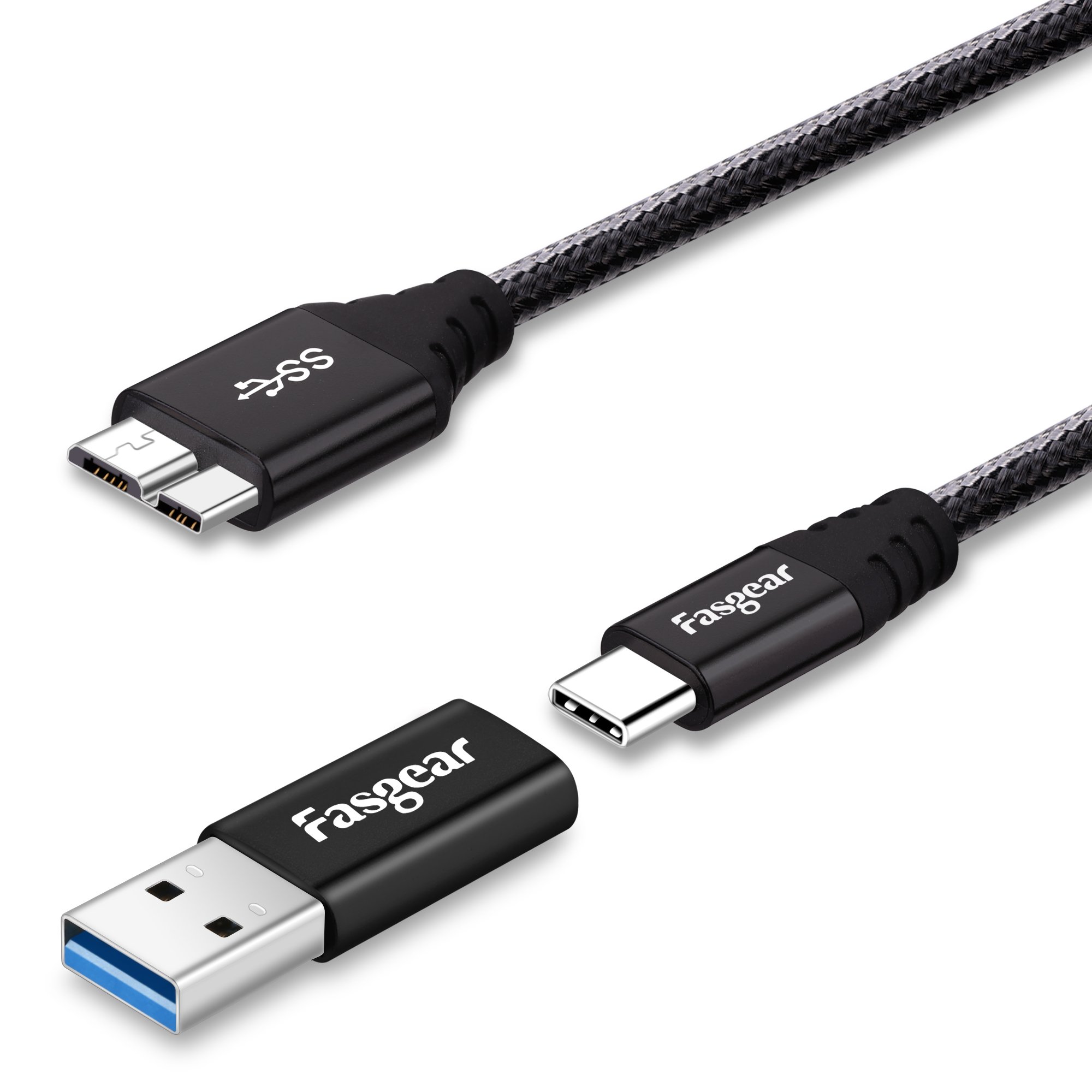 Fasgear [1ft] Micro B to USB Cord, Divided into USB 3.0 to Type C Female Adapter and Type C to Micro B Nylon Braided Cable Fast Charging and Syncing for Toshiba and More (1ft, Black)