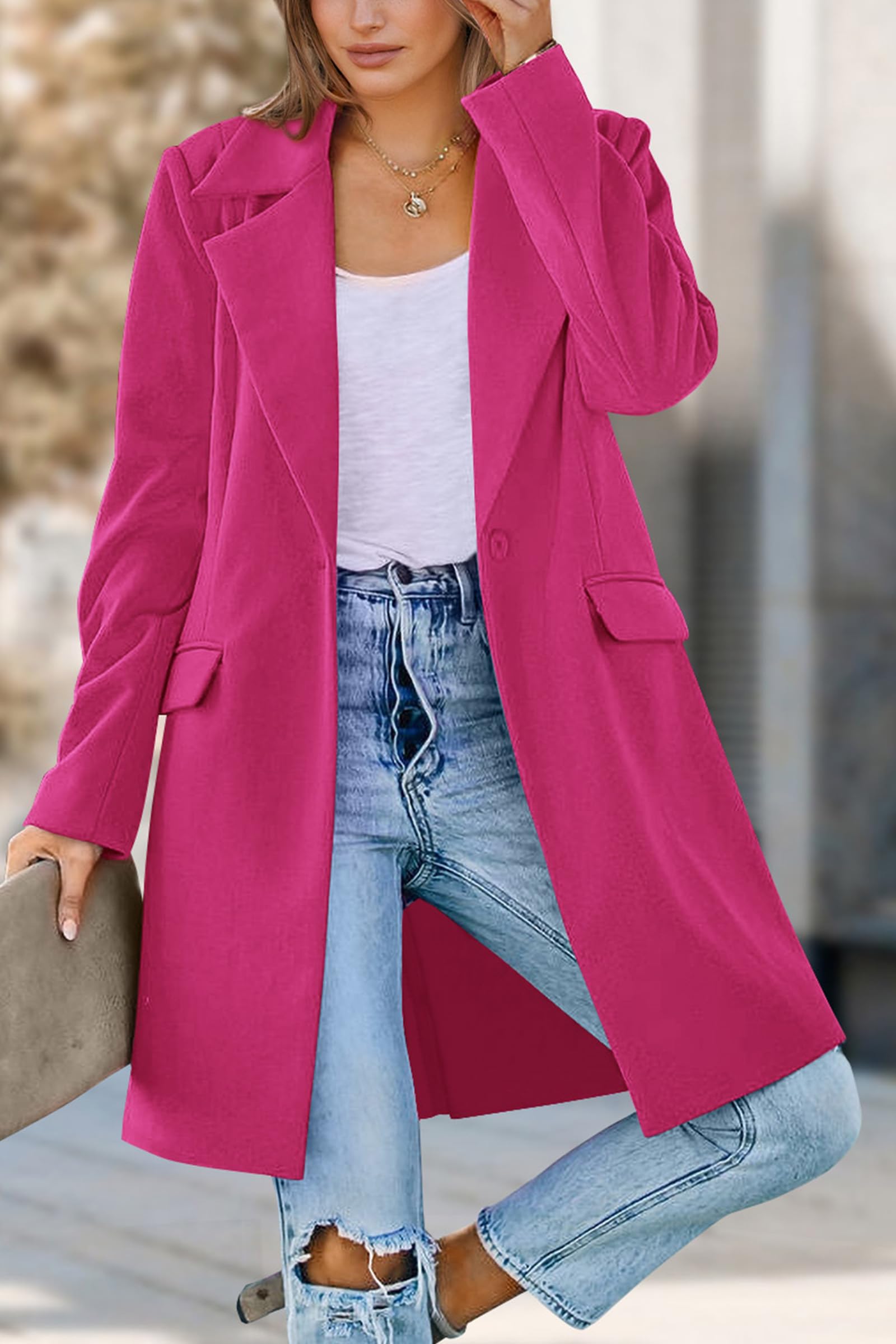 PRETTYGARDEN Women's Business Casual Long Blazer Jackets(Rose Red,S) view 7