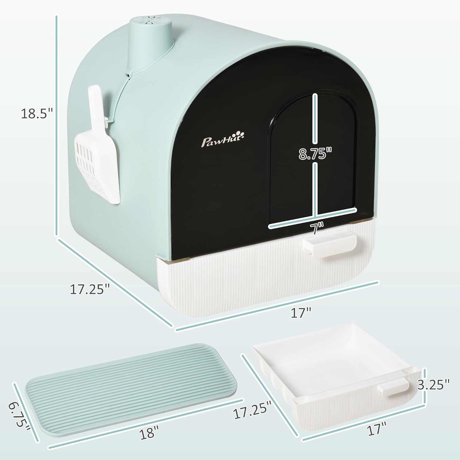 Diagram illustrating the dimensions of the PawHut covered cat litter box, including overall height, width, depth, and the dimensions of the entrance and removable tray.